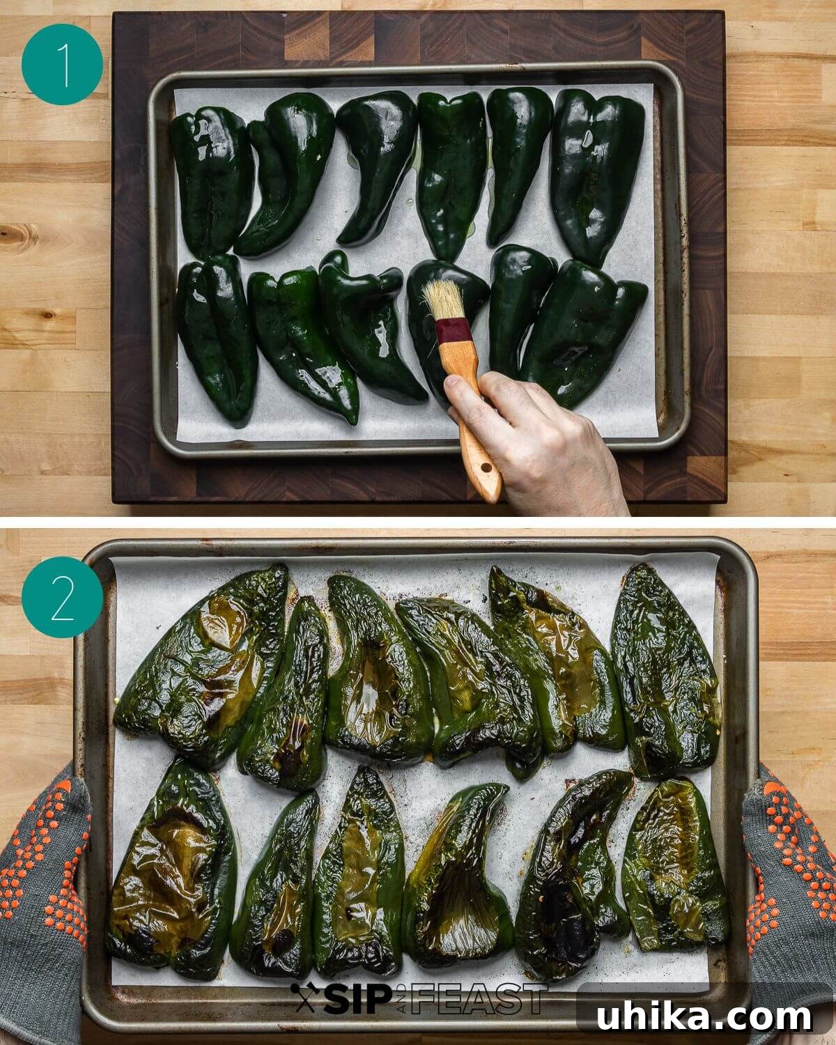 White chicken chili recipe process shot collage group number one with poblano peppers on baking sheet before and after roasting for the perfect flavor.