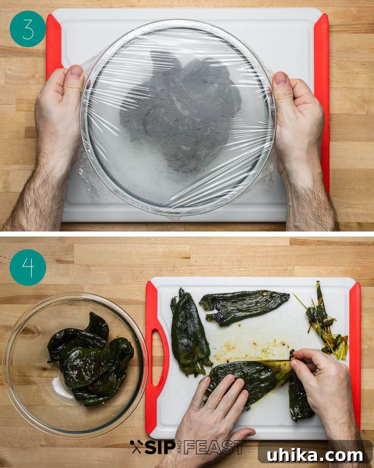 Recipe process shot collage group number two with poblanos in glass bowl with wrap and on cutting board with skins removed, ready for the white chicken chili.