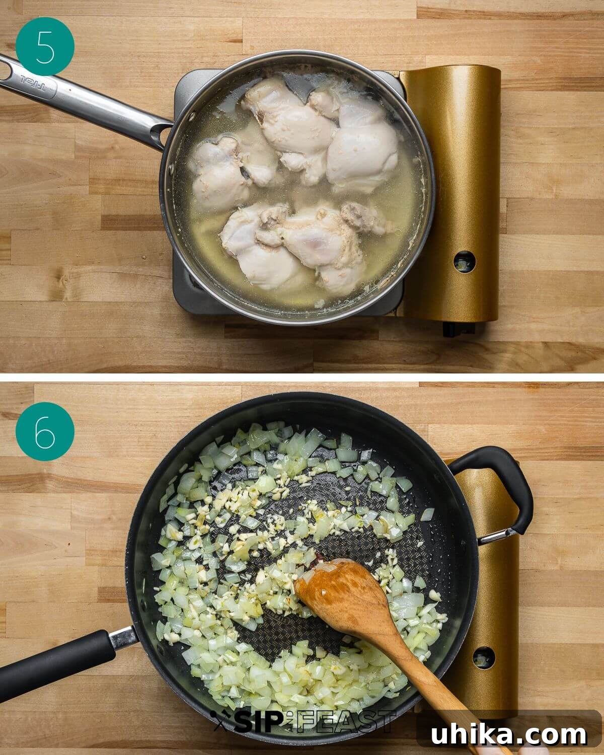 Recipe process shot collage group number three with chicken simmering in pot and onions and garlic sauteing in a separate pan for the white chicken chili base.