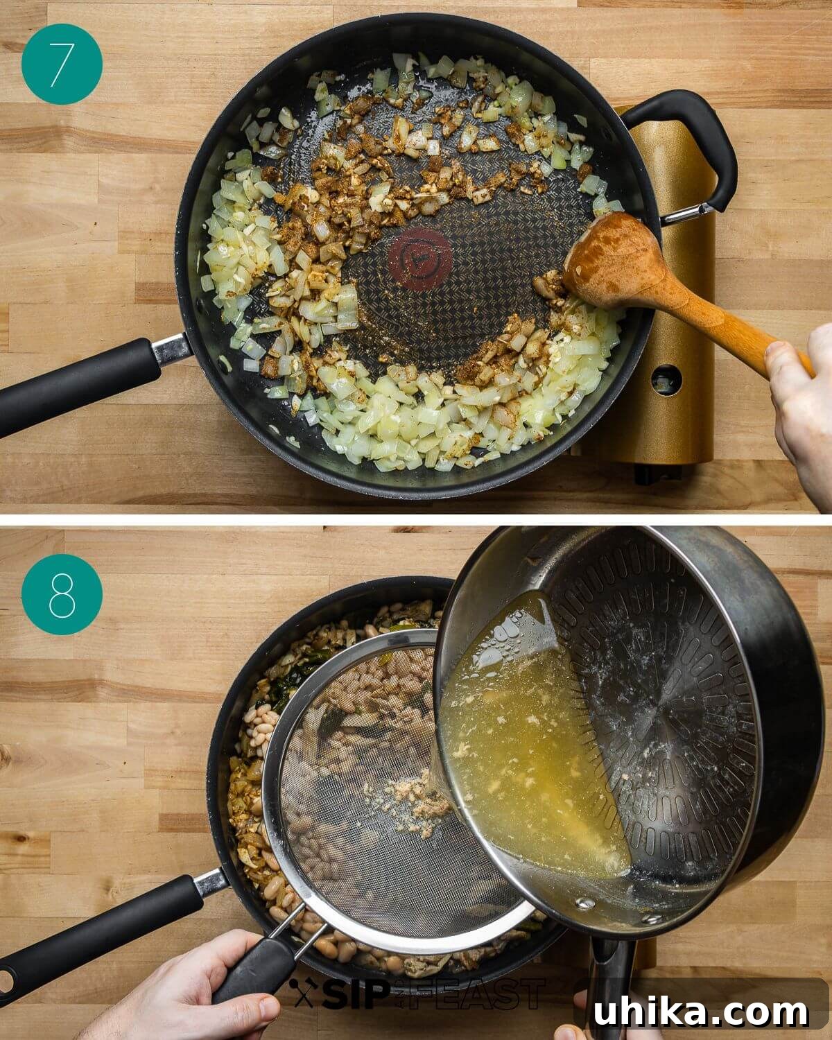 Recipe process shot collage group number four showing spices blooming in the pan and chicken stock being strained into the pot for the white chicken chili.