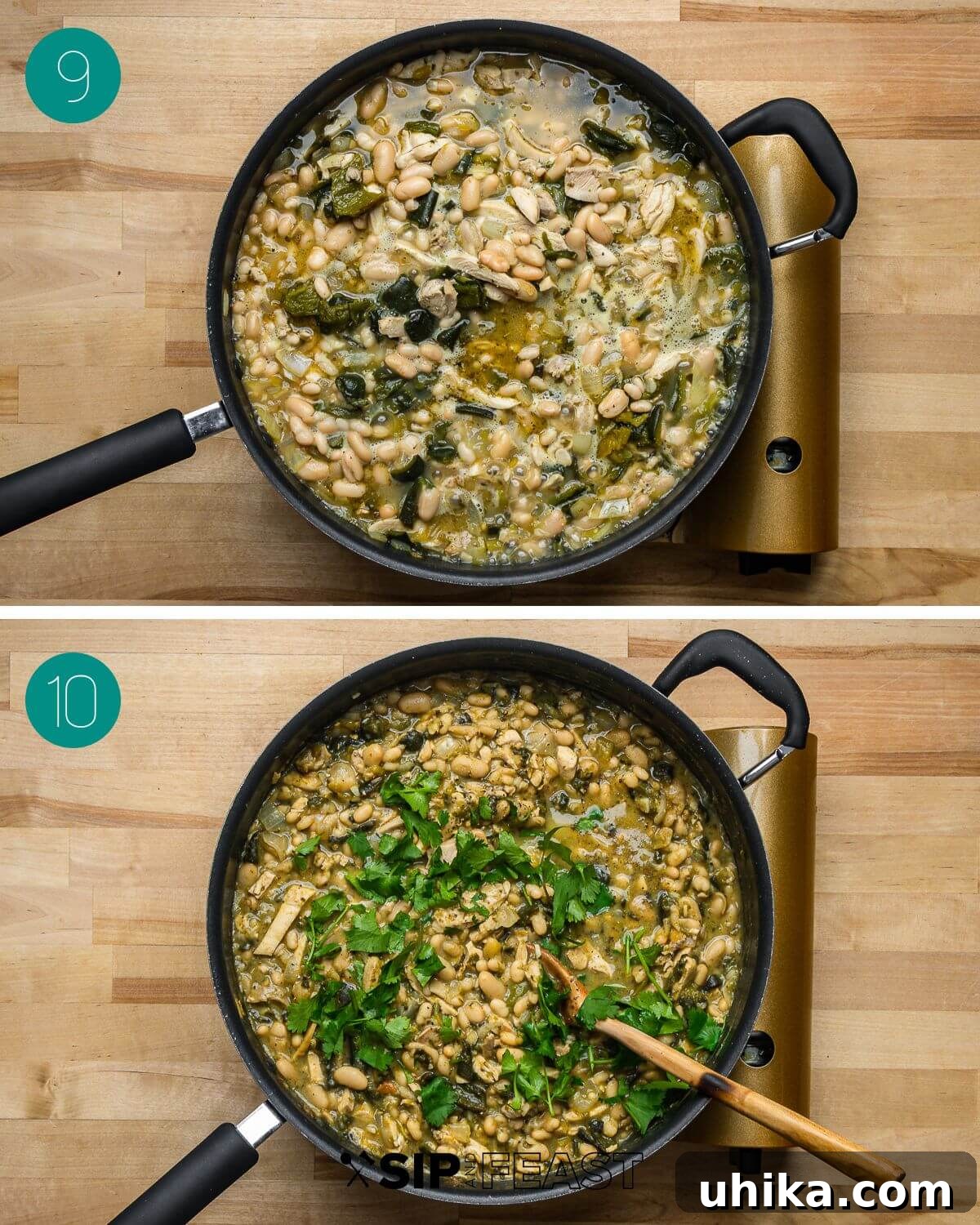 Recipe process shot collage group number five with cooked white chicken chili simmering in pan and fresh cilantro being added.