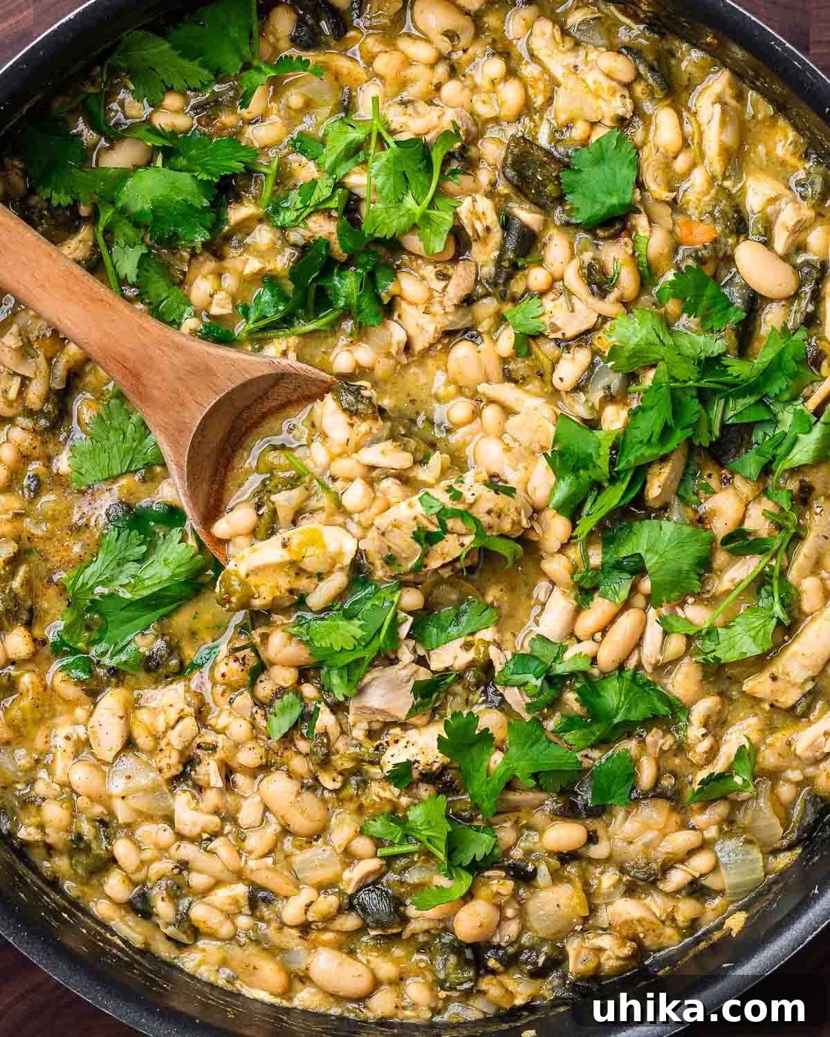 Overhead shot of white chicken chili with fresh cilantro in a large black pan, ready for serving.