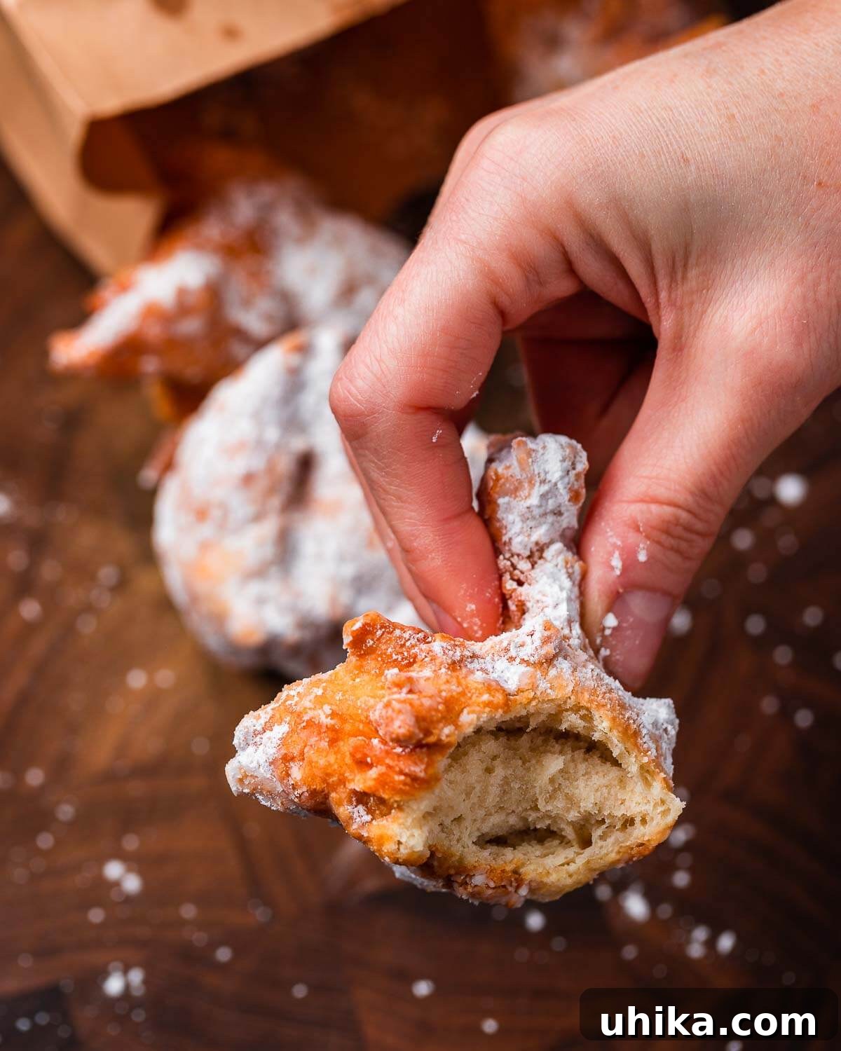 Italian Doughnut Delights 9 Hands holding zeppole with bite taken out of it.