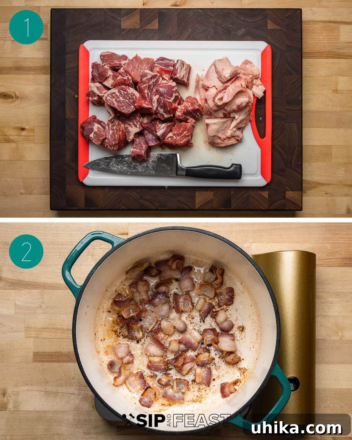 Rich Guinness Beef Stew 4 Recipe process shot collage showing the initial steps of Guinness beef stew preparation: sliced beef and bacon being cooked in a large pot, laying the groundwork for rich flavors.
