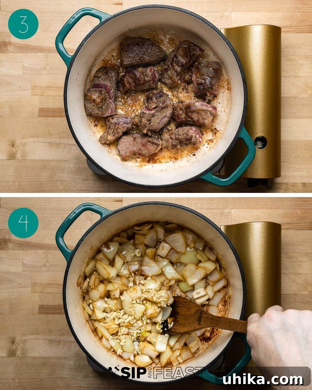 Rich Guinness Beef Stew 5 Recipe process shot collage illustrating the second stage of Guinness beef stew: beef searing in a pot to develop rich flavor, followed by onions and garlic being sautéed, building aromatic layers.