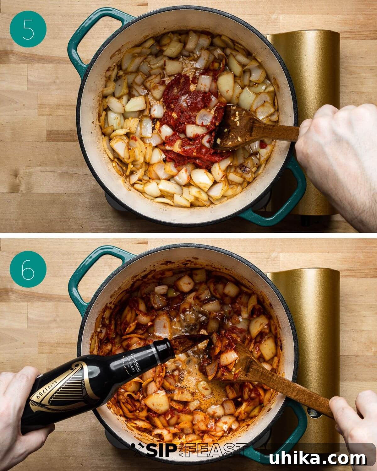 Rich Guinness Beef Stew 6 Recipe process shot collage showing the third stage of Guinness beef stew: onions and tomato paste simmering in a pot, followed by the dramatic addition of a bottle of Guinness stout to deglaze and infuse rich flavor.