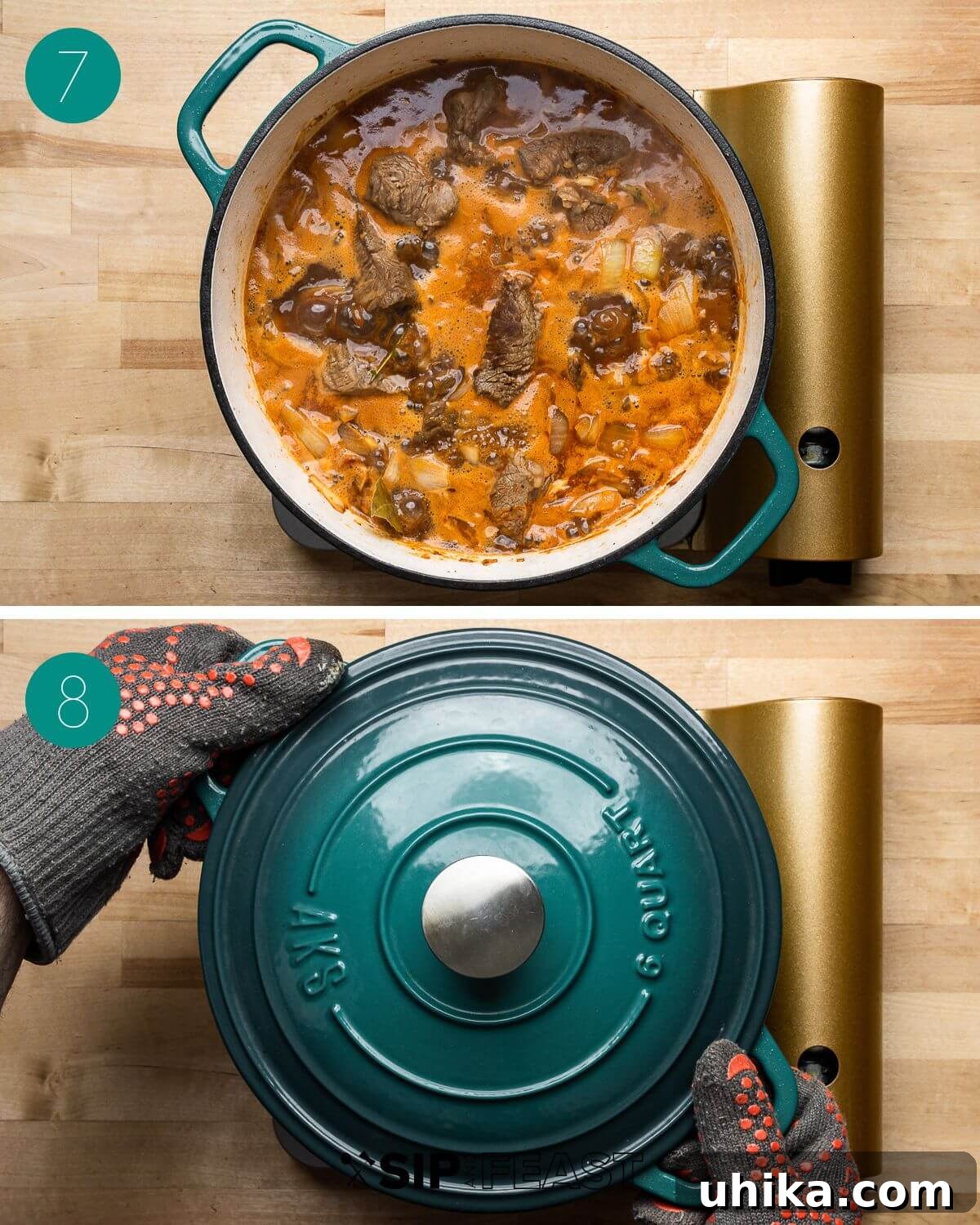 Rich Guinness Beef Stew 7 Recipe process shot collage depicting the fourth stage of Guinness beef stew: seared beef added back to the pot with other ingredients, followed by the pot covered with a lid, signifying the start of the long, slow cooking process in the oven.