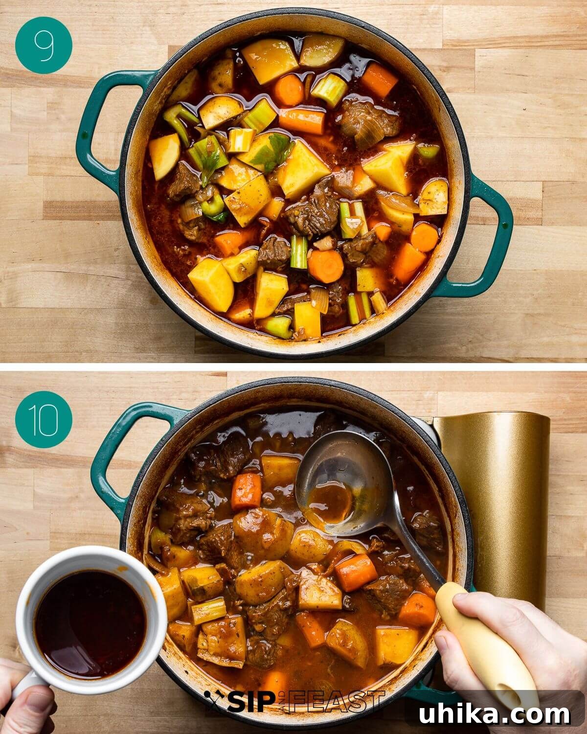 Rich Guinness Beef Stew 8 Recipe process shot collage showing the fifth stage of Guinness beef stew: potatoes and carrots added to the stew, and a ladle being used to remove excess fat from the surface, preparing for the final cooking phase.