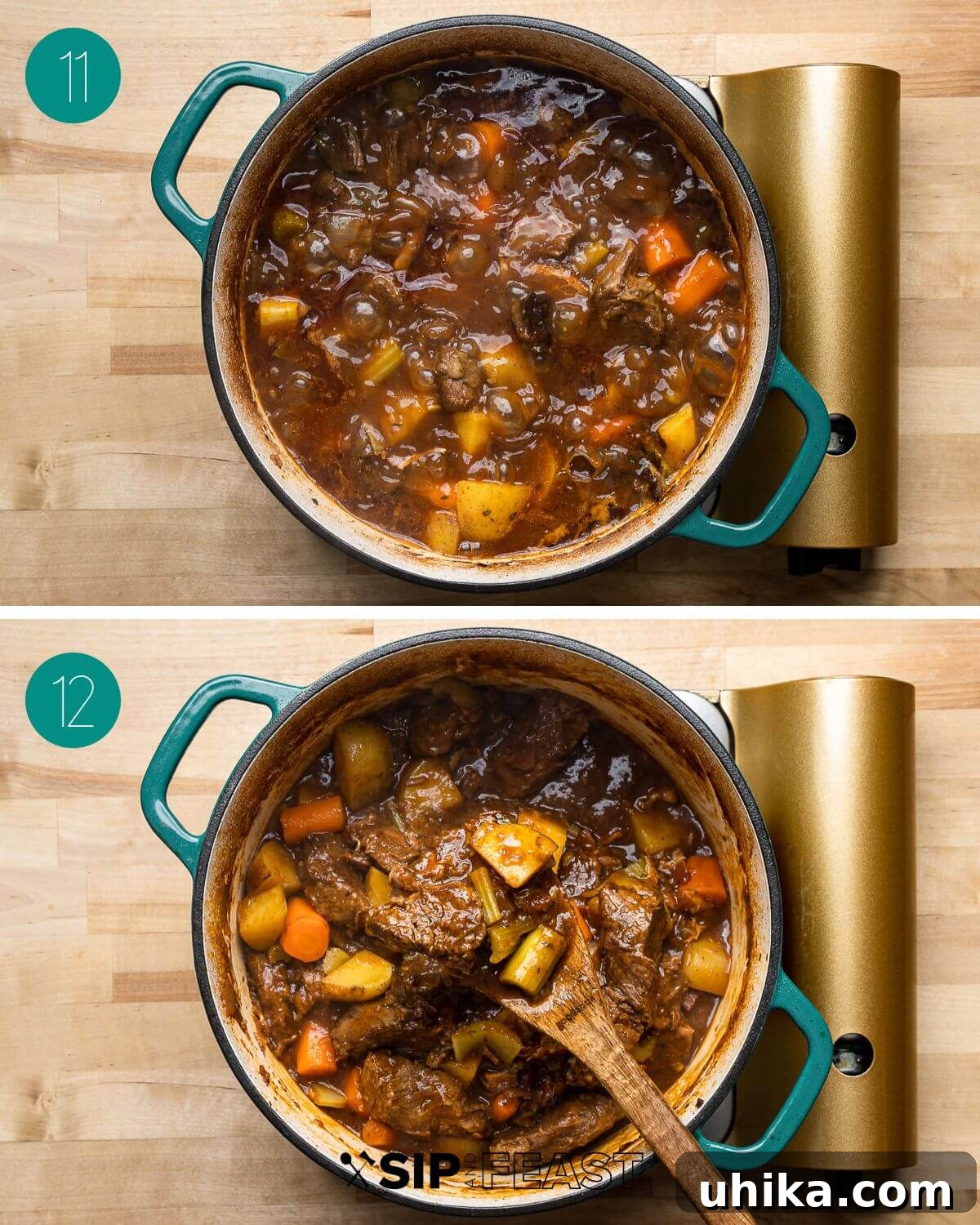 Rich Guinness Beef Stew 9 Recipe process shot collage depicting the final stages of Guinness beef stew: the stew thickening in the pot to a rich consistency, and the finished stew with a wooden spoon, ready to be served and enjoyed.
