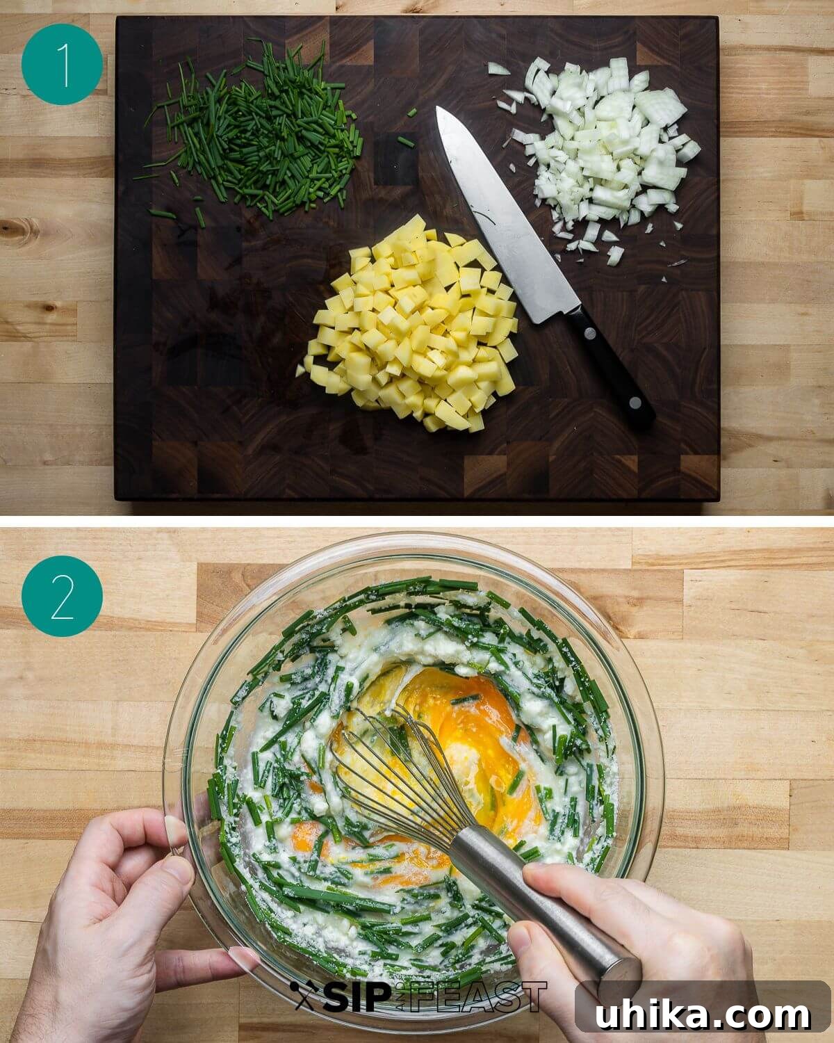 Rustic Potato and Egg Bake 4 A process shot collage showing the initial preparation steps for the potato frittata recipe: chopped potatoes, onions, and chives laid out, alongside a bowl where eggs are being mixed with Pecorino cheese and chives.