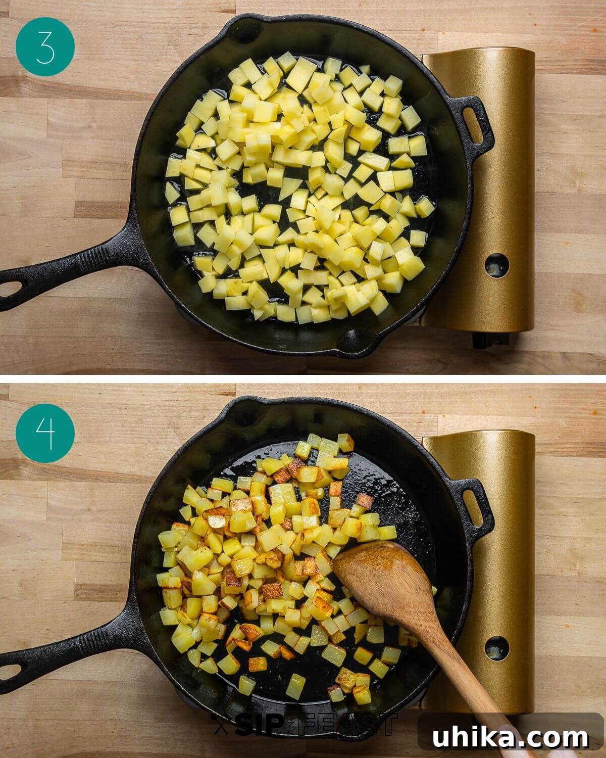 Rustic Potato and Egg Bake 5 A collage displaying the potato cooking process: raw diced potatoes sizzling in a cast iron pan with olive oil, followed by the same potatoes achieving a golden, partially cooked state.