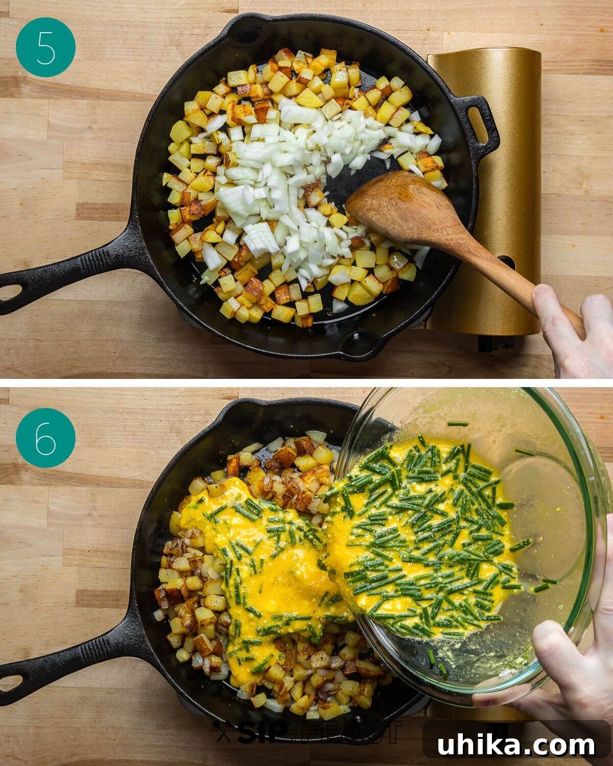 Rustic Potato and Egg Bake 6 A three-panel collage demonstrating the frittata cooking process: first, diced onions mixed with the potatoes in the pan; second, the egg and cheese mixture poured over the cooked potatoes and onions; third, the mixture being spread evenly with a spatula.