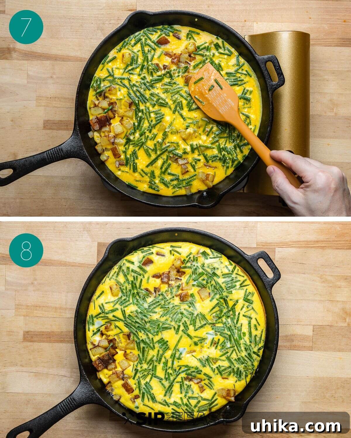 Rustic Potato and Egg Bake 7 A collage showing the frittata baking stages: one image of the raw frittata mixture in a cast iron pan before baking, and another of the finished, puffed, and golden-brown frittata after baking.
