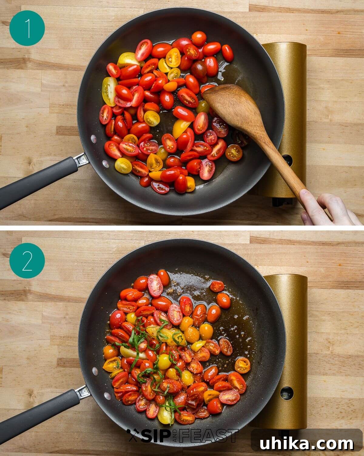 Rustic Potato and Egg Bake 8 A two-panel collage showing the process of making the cherry tomato topping for potato frittata: raw halved tomatoes simmering in olive oil in a pan, and the finished wilted tomatoes mixed with fresh herbs.