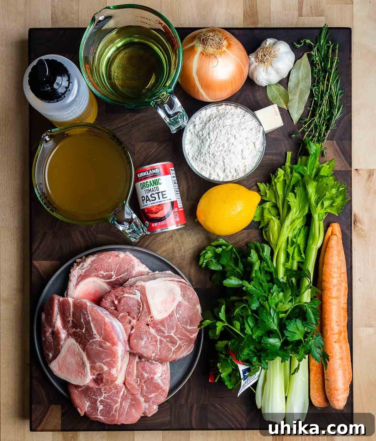 Osso Buco Hearty Braised Veal Shanks 3 Overhead shot of osso buco recipe ingredients.