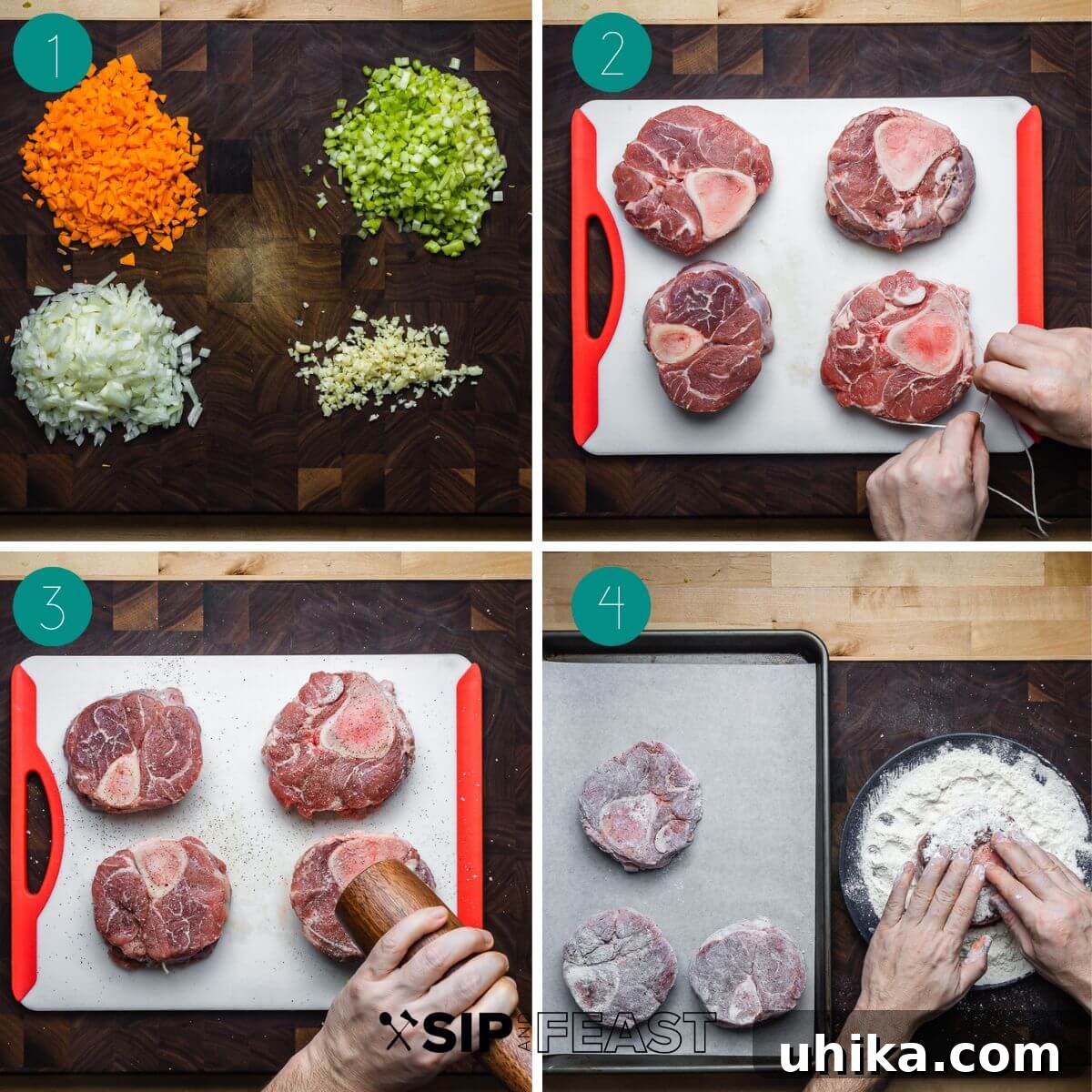 Osso Buco Hearty Braised Veal Shanks 4 Osso buco recipe process shot collage group number one showing prepping the veggies, tying the shanks, salt pepper and flouring shanks.