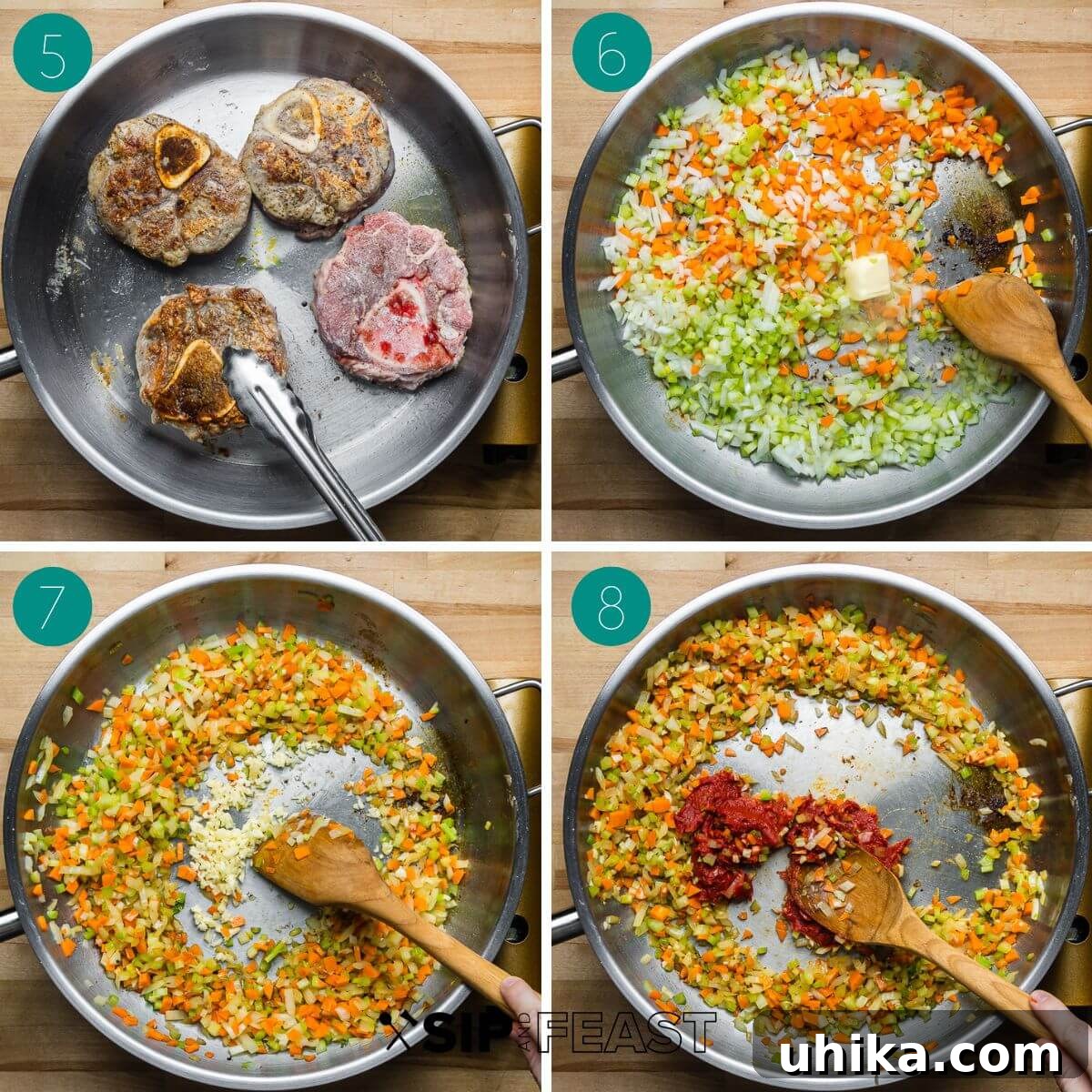 Osso Buco Hearty Braised Veal Shanks 5 Recipe process shot collage group number two showing searing shanks, cooking veggies, and adding tomato paste.