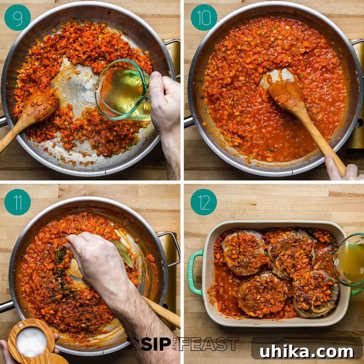 Osso Buco Hearty Braised Veal Shanks 6 Recipe process shot collage group number three showing adding wine, adding salt to sauce, and adding shanks and stock.
