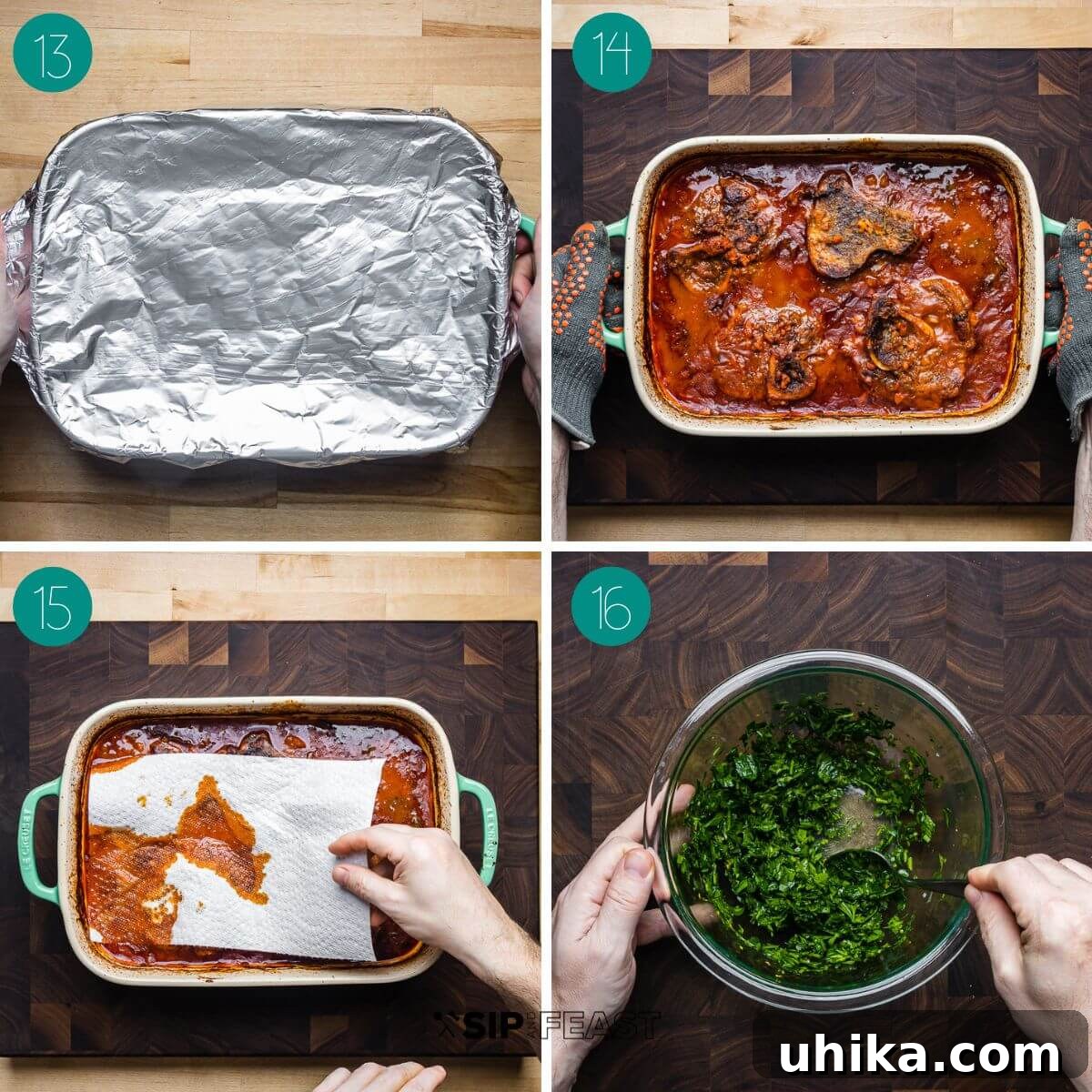Osso Buco Hearty Braised Veal Shanks 7 Recipe process shot collage group number four showing covering pan, shanks after braising, removing fat from top of pan, making gremolata.