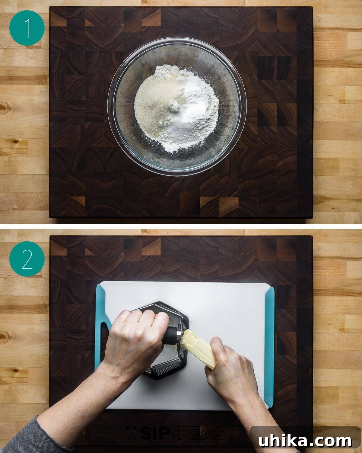 Decadent Chocolate Chip Scones 4 Chocolate chip scones recipe process shot collage group number one showing a bowl with flour and sugar and hands grating frozen butter on a box grater.