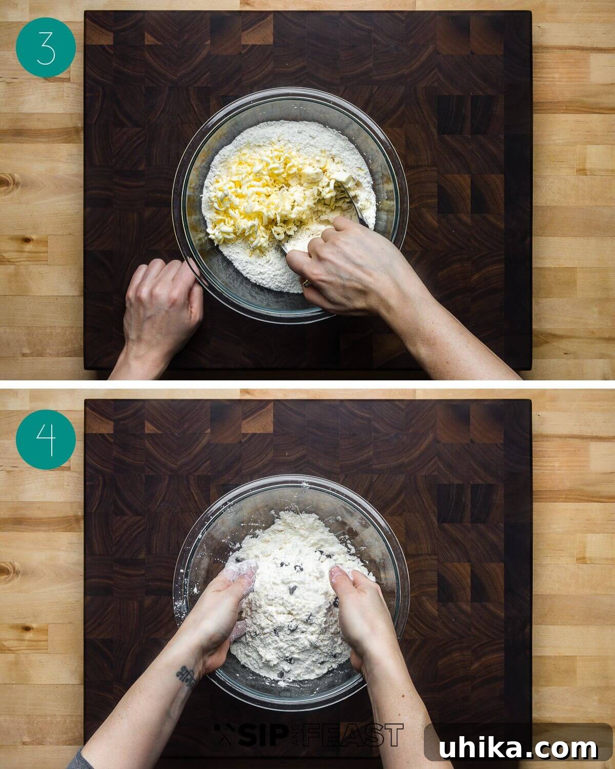 Decadent Chocolate Chip Scones 5 Recipe process shot collage group number two with bowl of flour and grated butter and bowl with mixed flour, butter and chocolate chips.