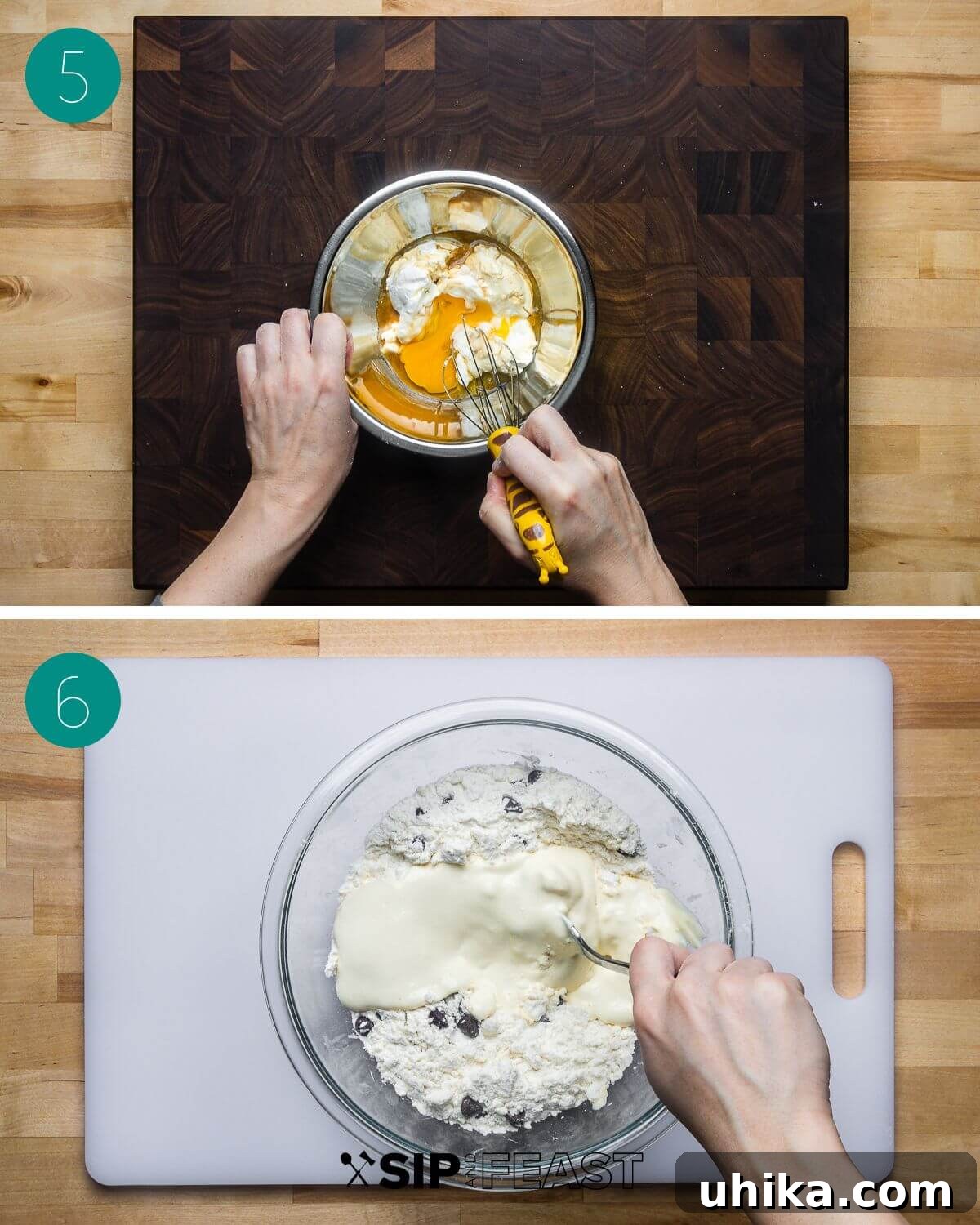 Decadent Chocolate Chip Scones 6 Recipe process shot collage group number three with small bowl with sour cream and egg and large bowl with flour mixture and sour cream mixture.