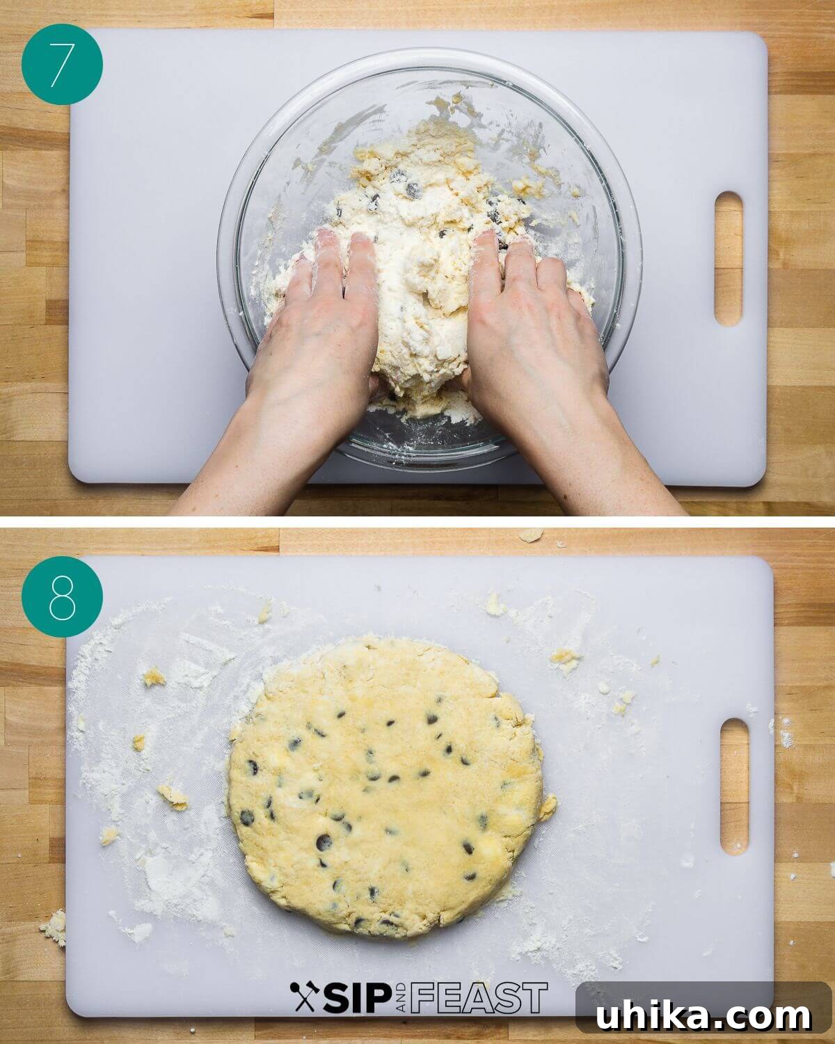 Decadent Chocolate Chip Scones 7 Recipe process shot collage group number four with hands kneading dough and dough disc on board.