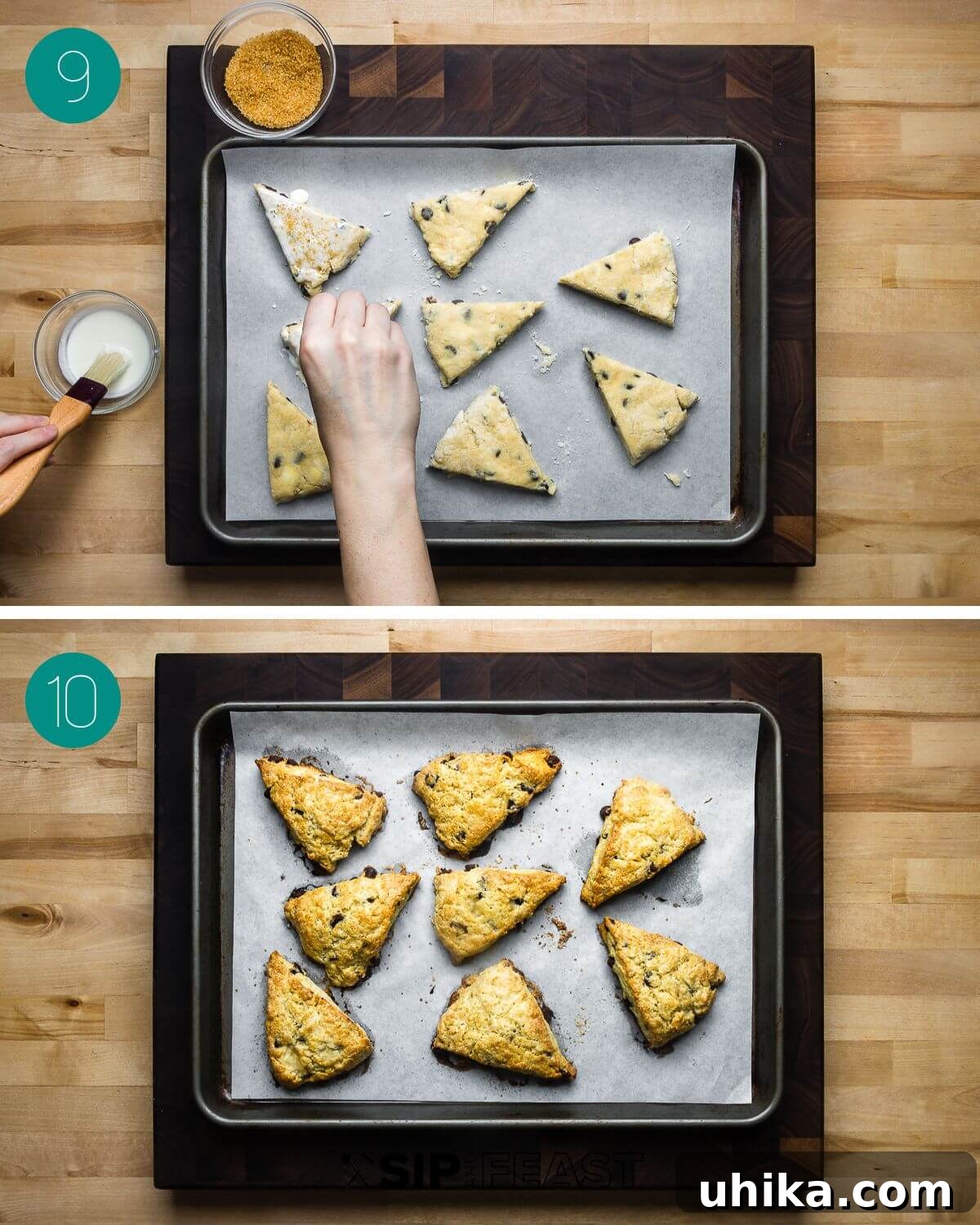 Decadent Chocolate Chip Scones 8 Recipe process shot collage group number five with cut scones on baking sheet with hands sprinkling sugar on top and baked scones on baking sheet.