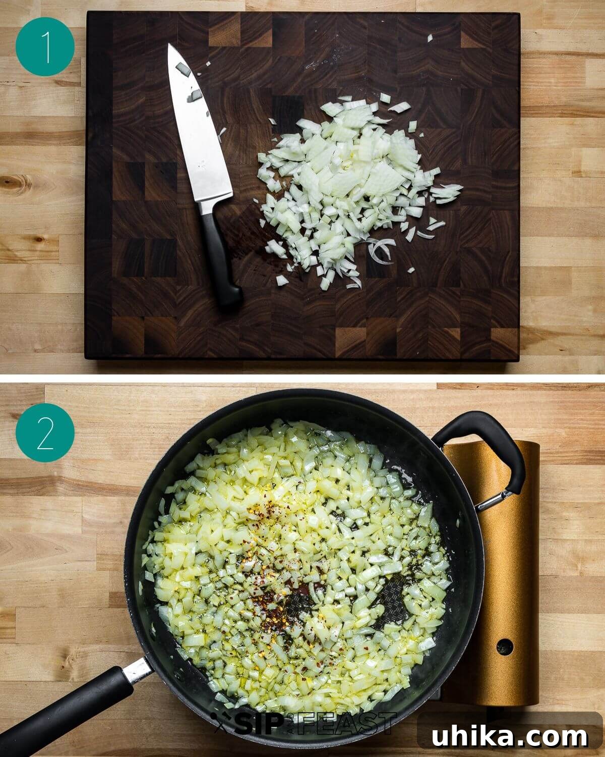 Garden Pea and Tomato Pasta 5 Collage of first recipe steps: dicing an onion, grating Pecorino Romano.