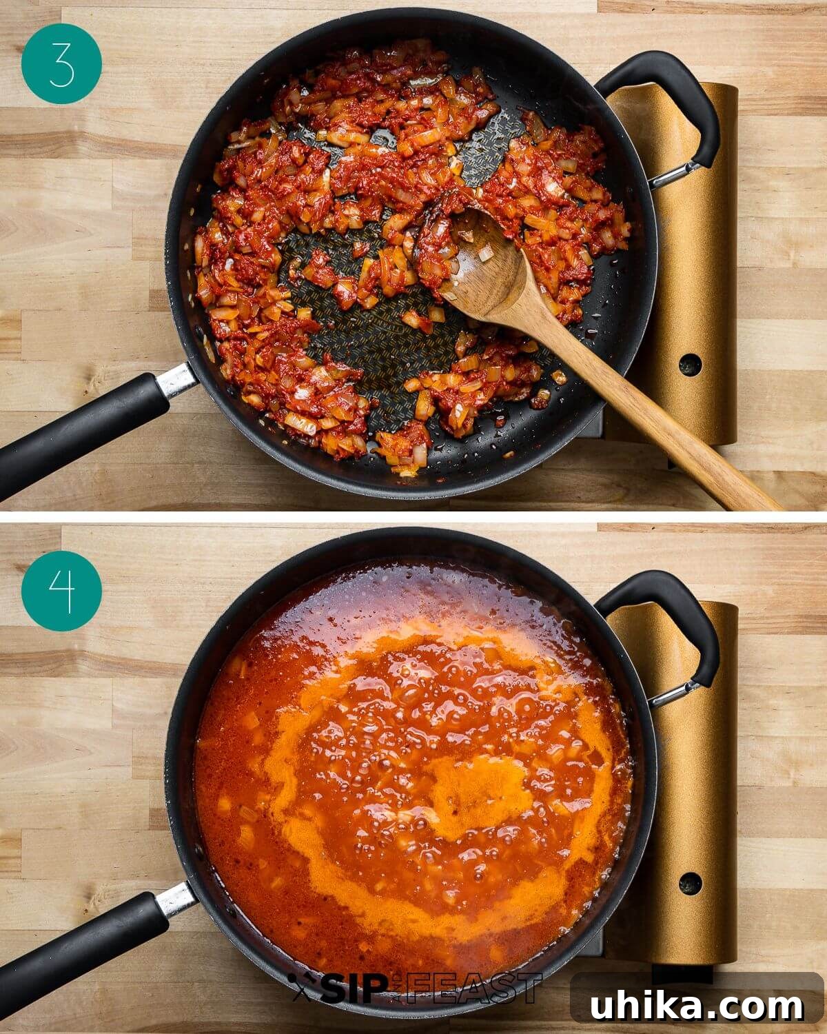 Garden Pea and Tomato Pasta 6 Collage of second recipe steps: sautéing onions with olive oil and red pepper flakes, then cooking tomato paste.