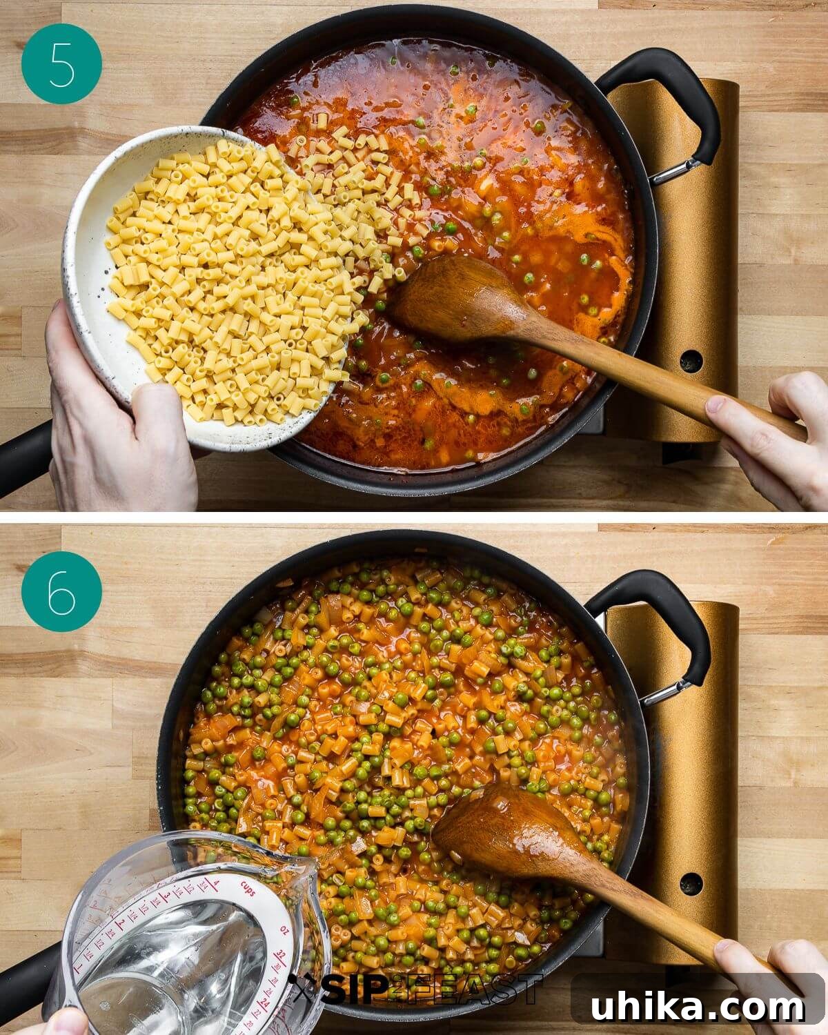 Garden Pea and Tomato Pasta 7 Collage of third recipe steps: adding water and salt, then adding pasta and peas to the boiling sauce.