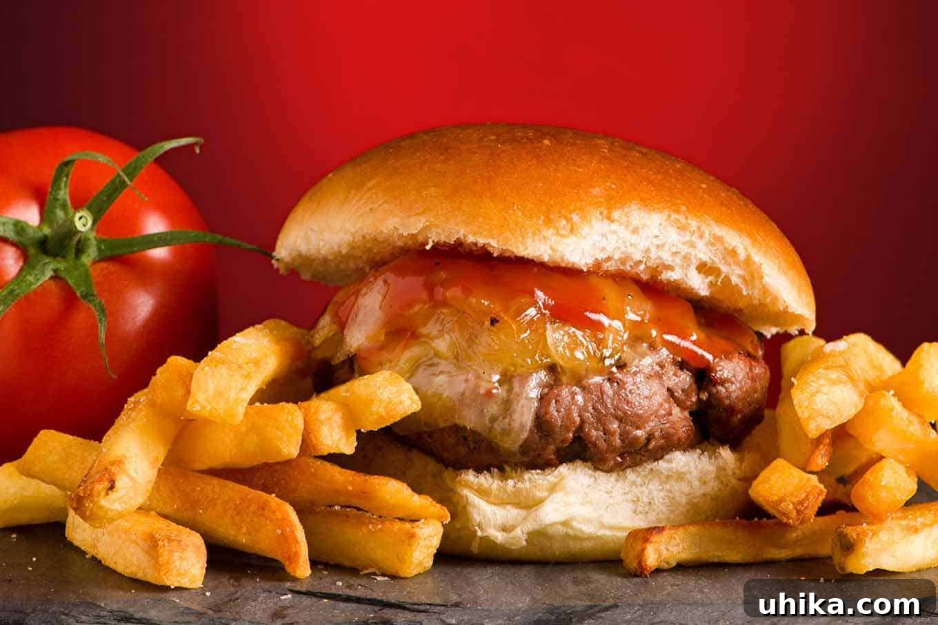 Signature Vermont Cheddar Burgers 3 A close-up view of a perfectly grilled Vermont cheddar burger, generously topped with glistening maple-glazed onions and warm maple ketchup, served alongside crispy fries on a rustic slate board.