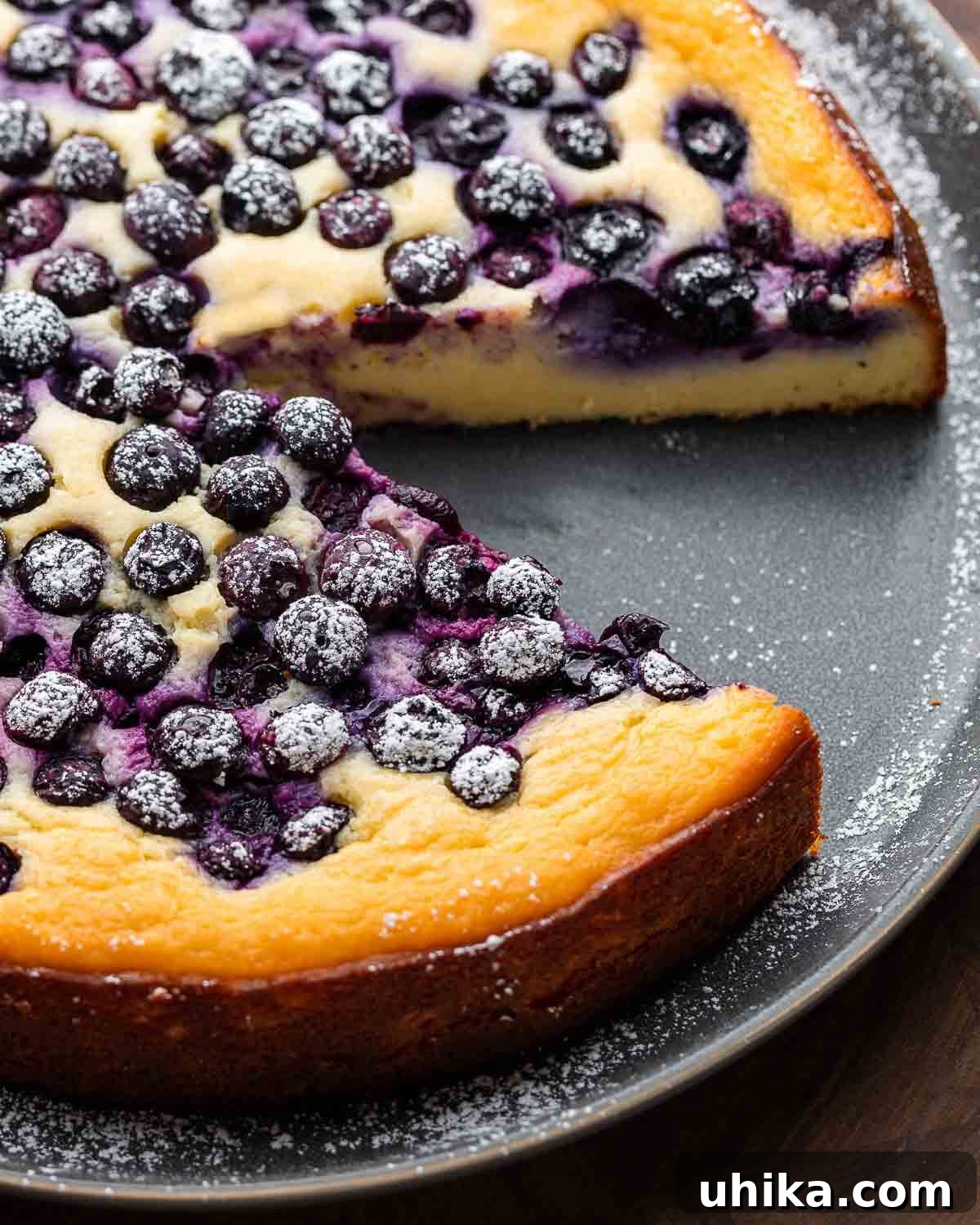 A slice of lemon blueberry ricotta cake on a grey plate, with the rest of the cake in the background.