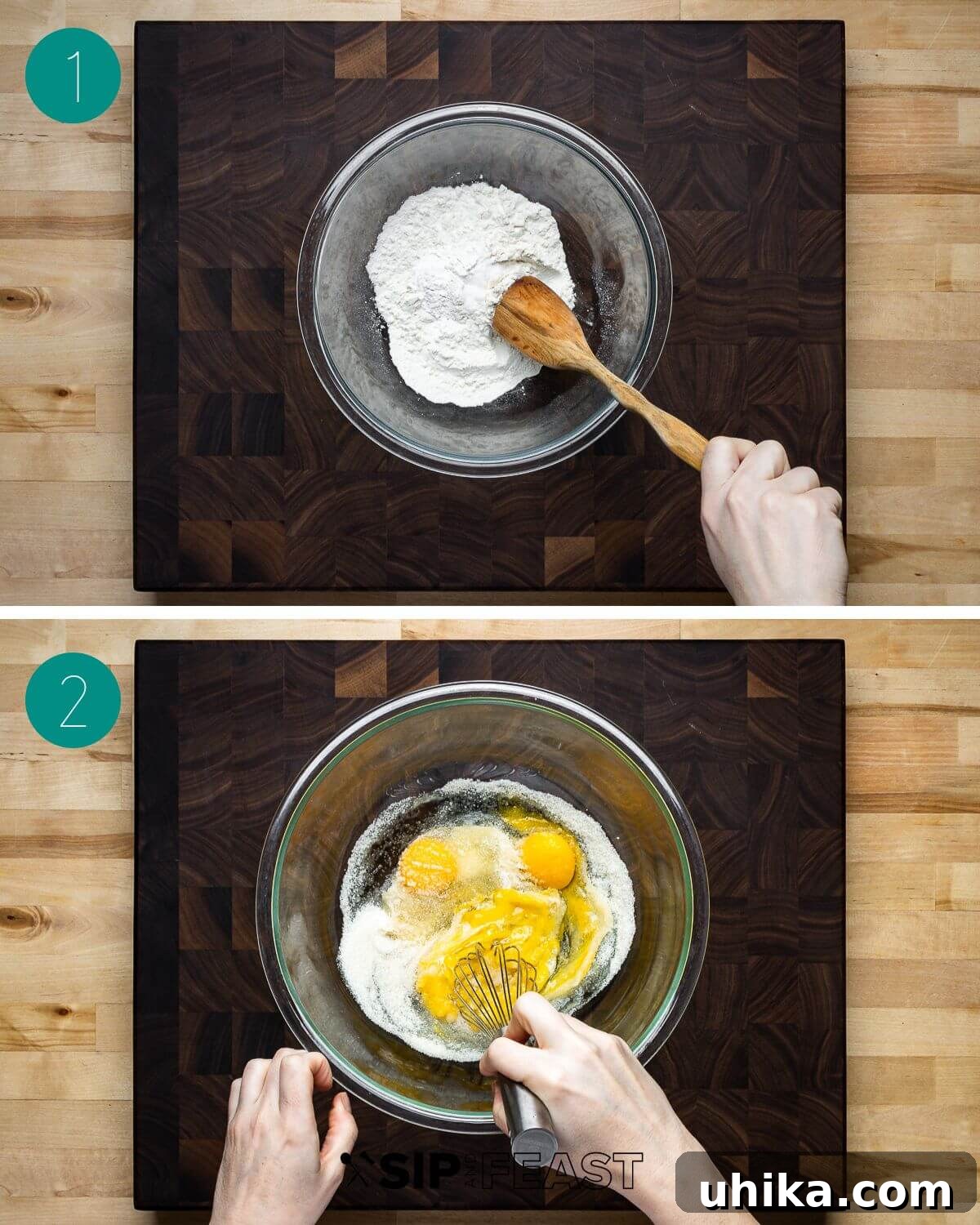 Lemon blueberry ricotta cake recipe process shot collage group number one showing oven preheating and dry ingredients mixed.