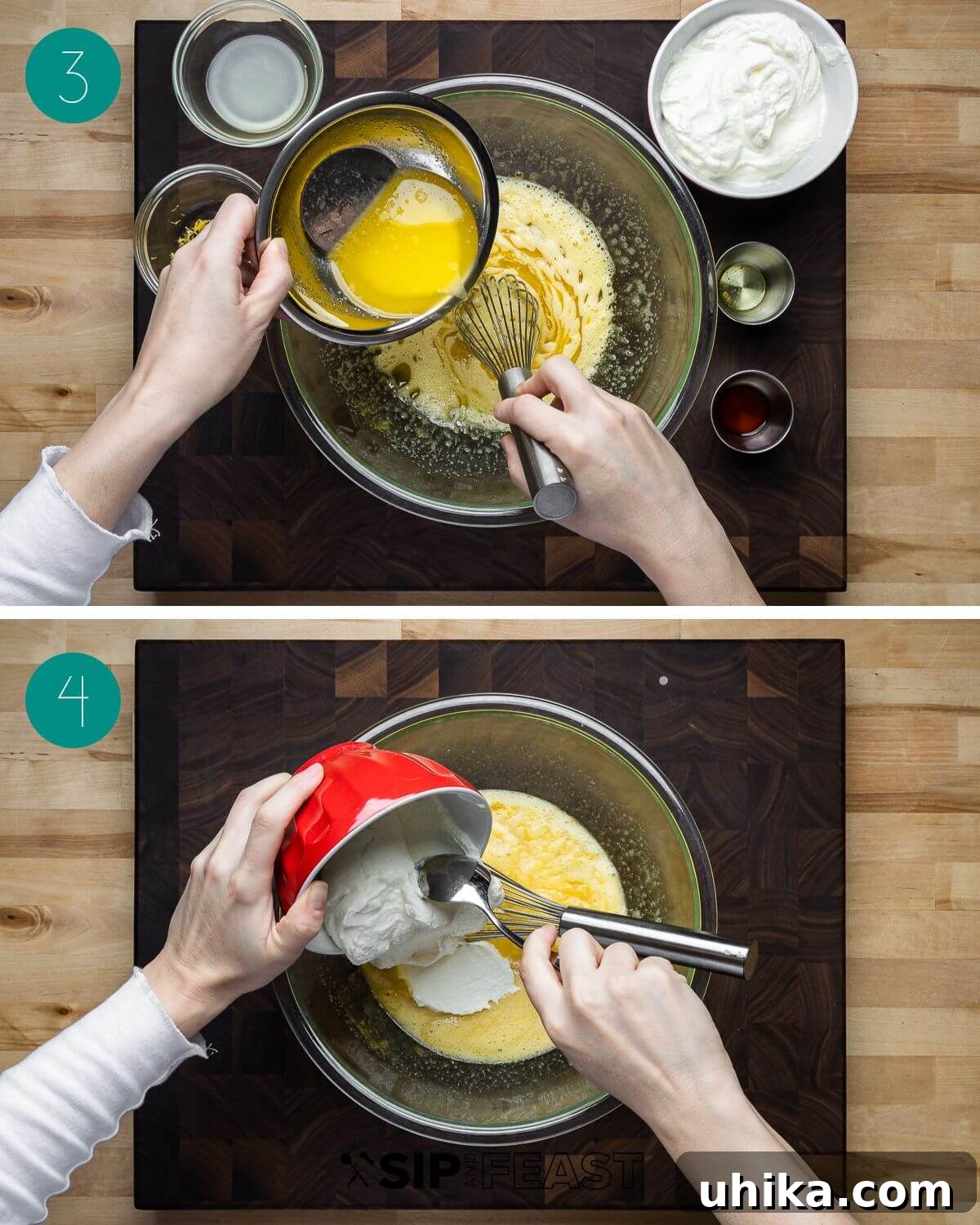 Recipe process shot collage group number two showing wet ingredients mixed.