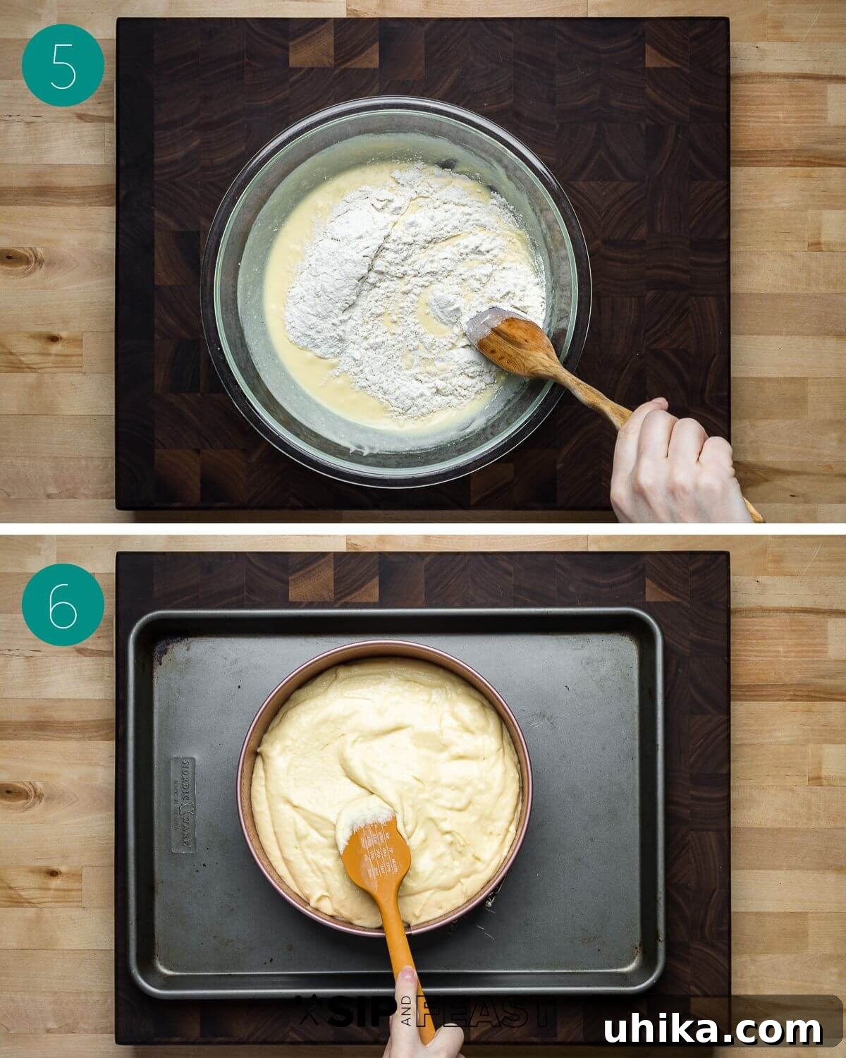 Recipe process shot collage group number three showing ricotta and dry ingredients being added.