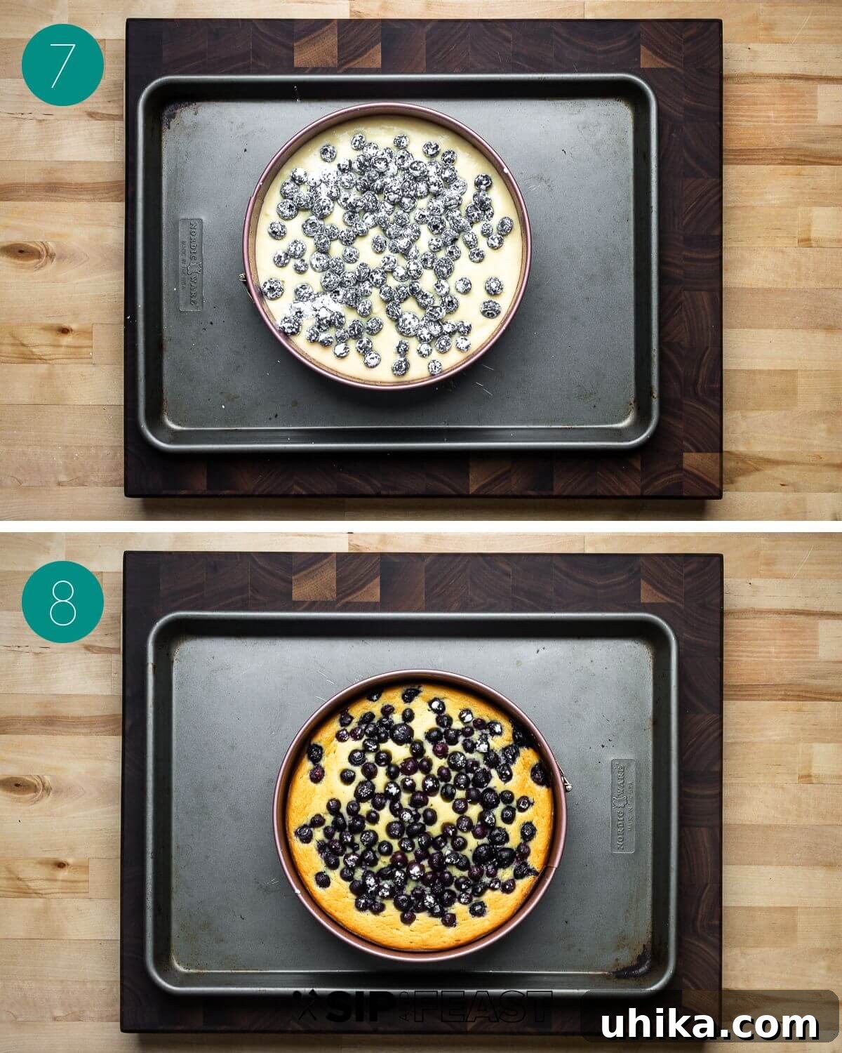 Recipe process shot collage group number four showing batter in pan with blueberries on top.