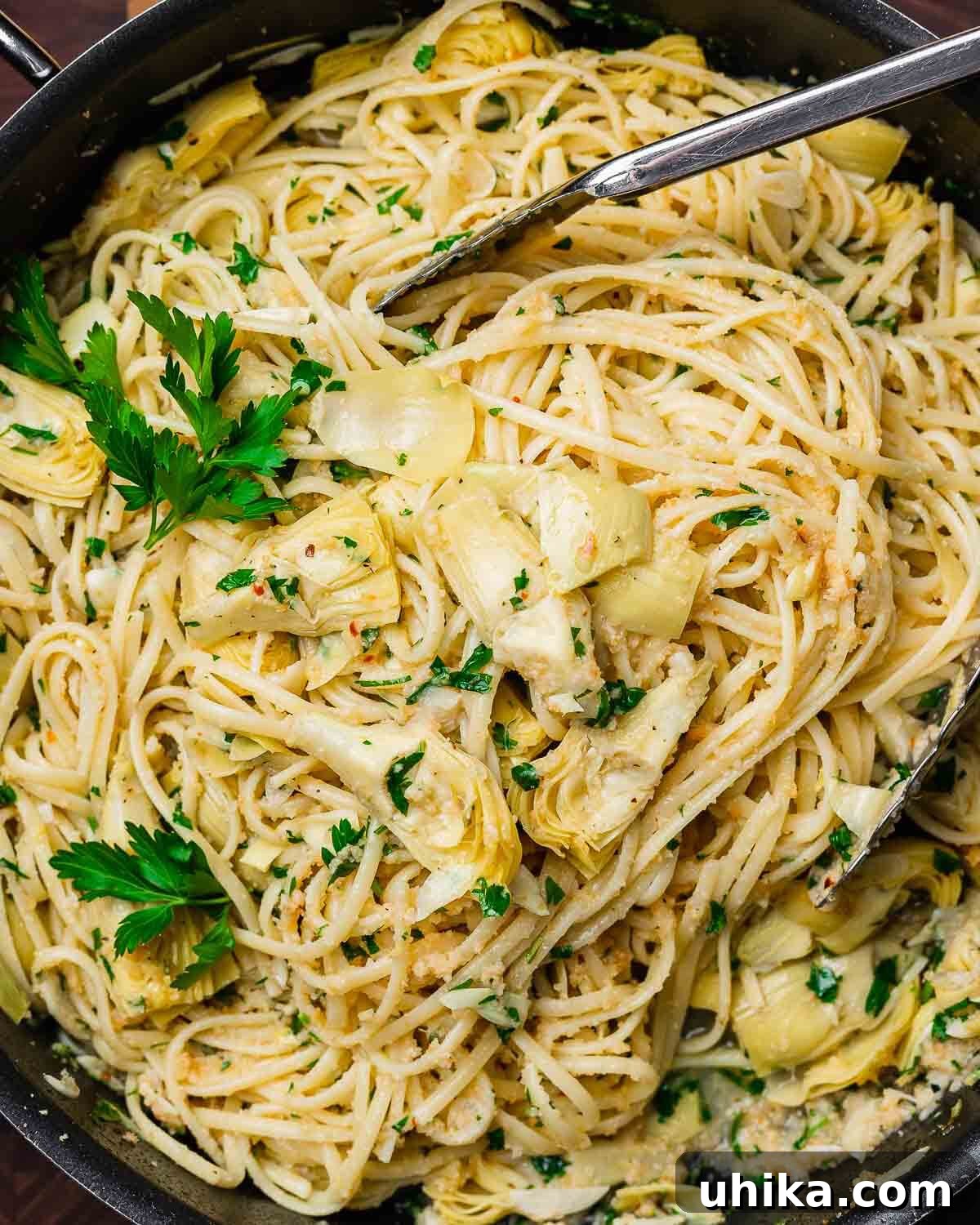 Golden Crumb Artichoke Pasta 2 Overhead shot of pasta with artichoke hearts and breadcrumbs.