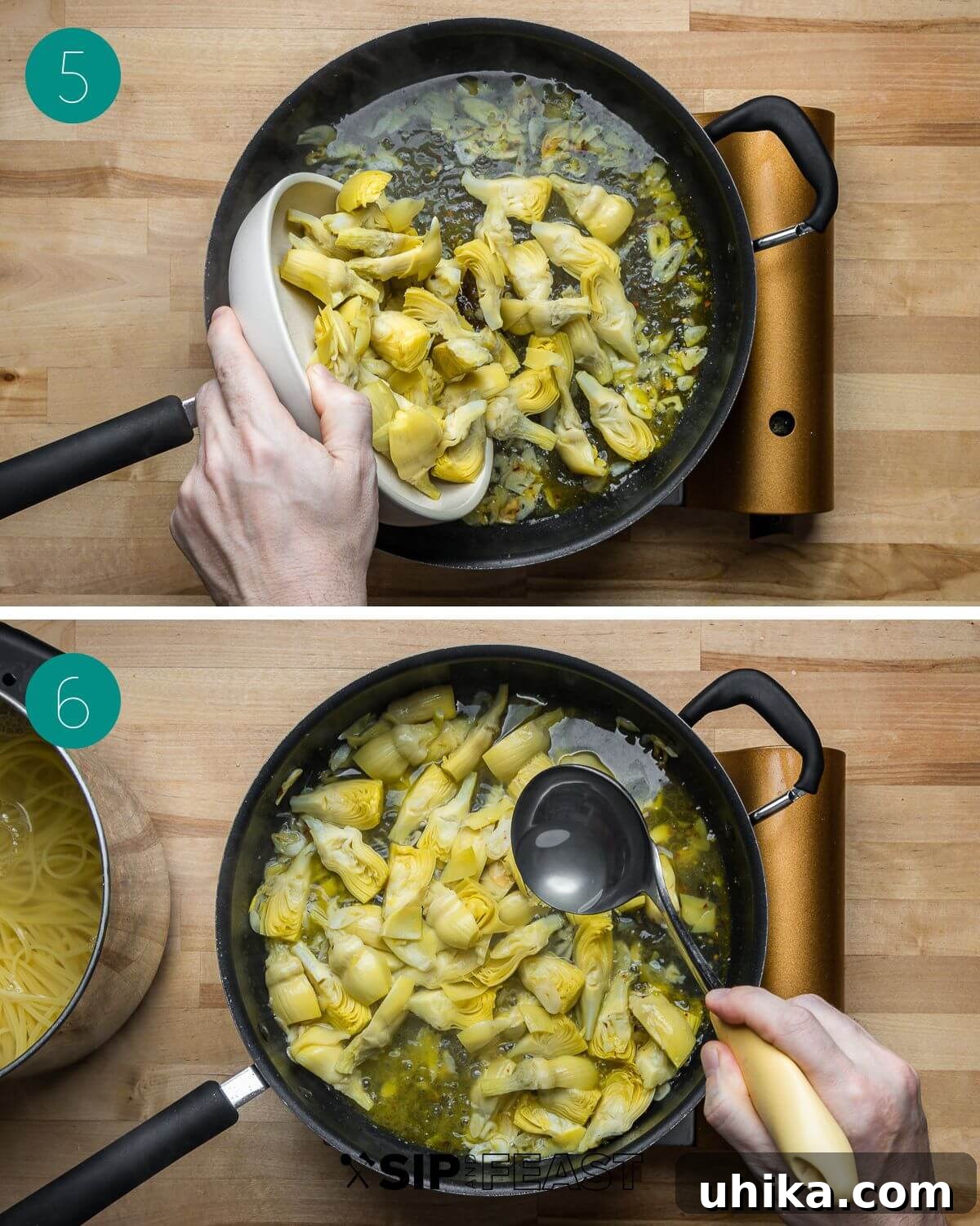 Golden Crumb Artichoke Pasta 6 Recipe process shot collage group number three.