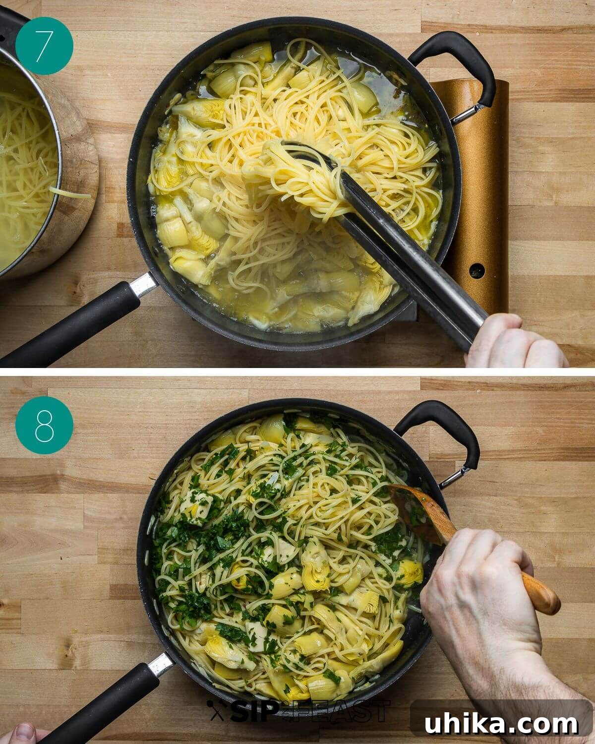 Golden Crumb Artichoke Pasta 7 Recipe process shot collage group number four.