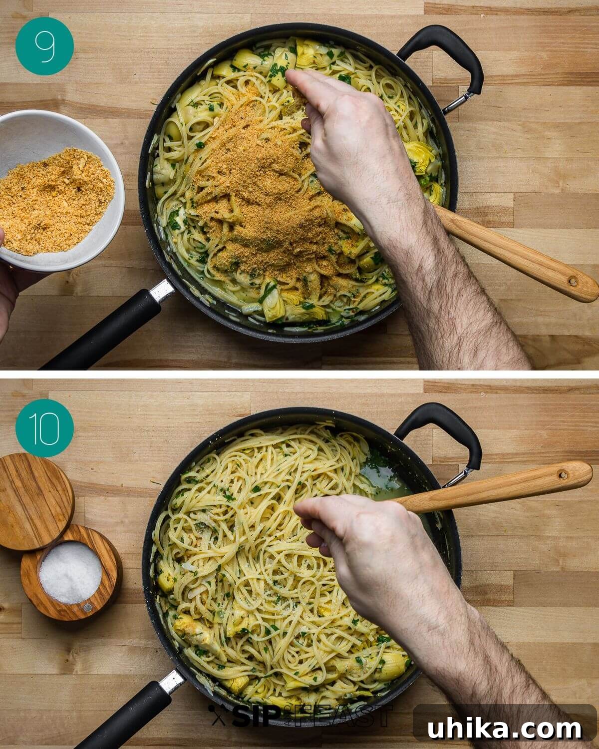 Golden Crumb Artichoke Pasta 8 Recipe process shot collage group number five.