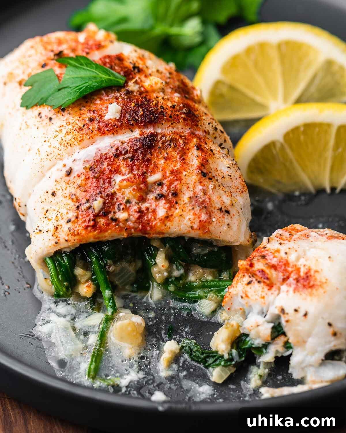 Savory Spinach Stuffed Flounder 9 Cut open piece of spinach stuffed flounder on grey plate.
