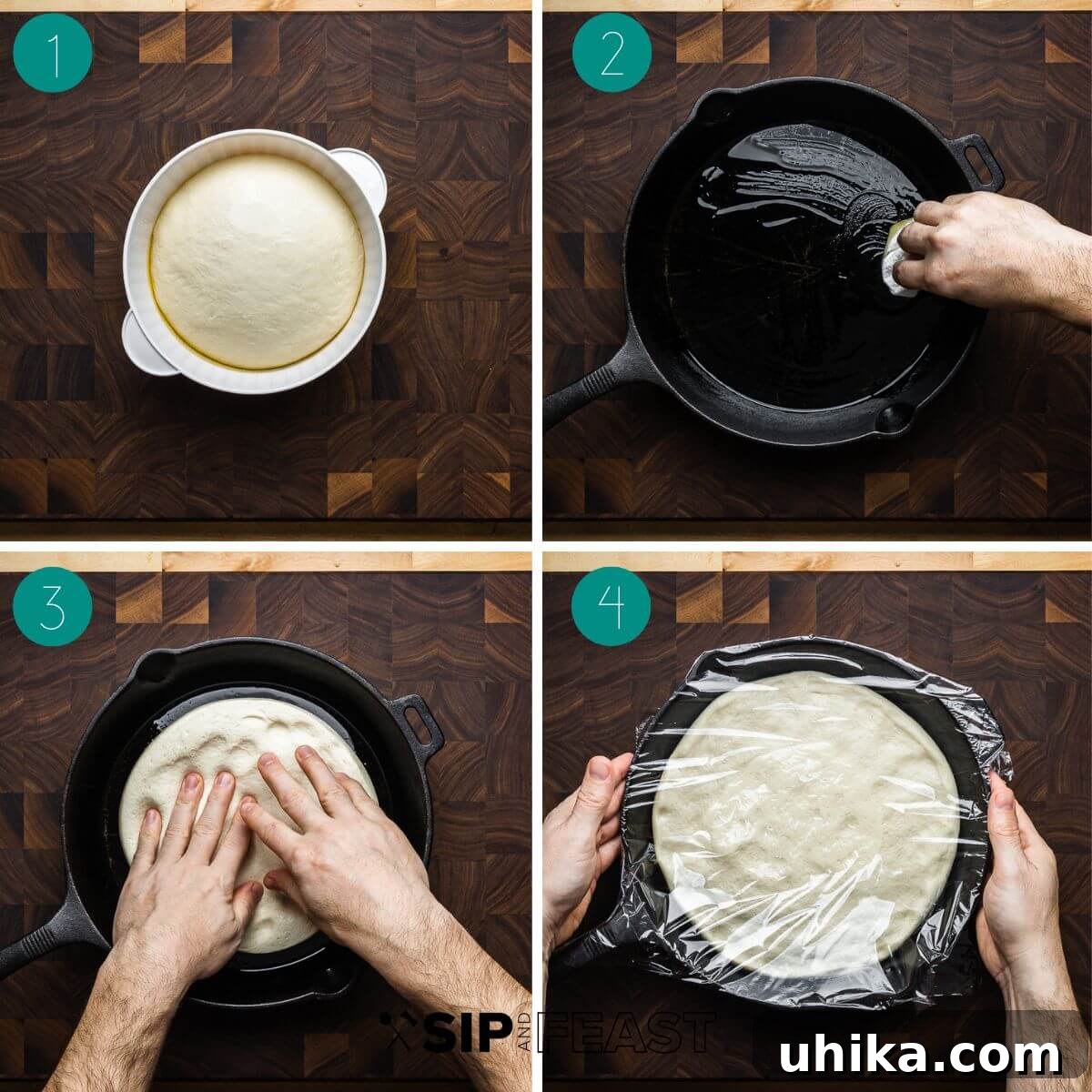 Skillet Pizza Perfection 5 First collage of cast iron pan pizza process shots: oiling the pan, placing dough, and pressing it into the edges.
