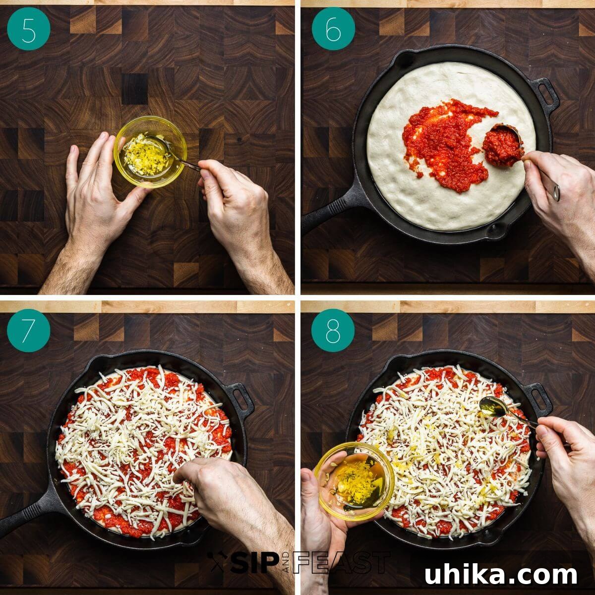 Skillet Pizza Perfection 6 Second collage of cast iron pan pizza process shots: spreading sauce, topping with mozzarella, and drizzling garlic oil.