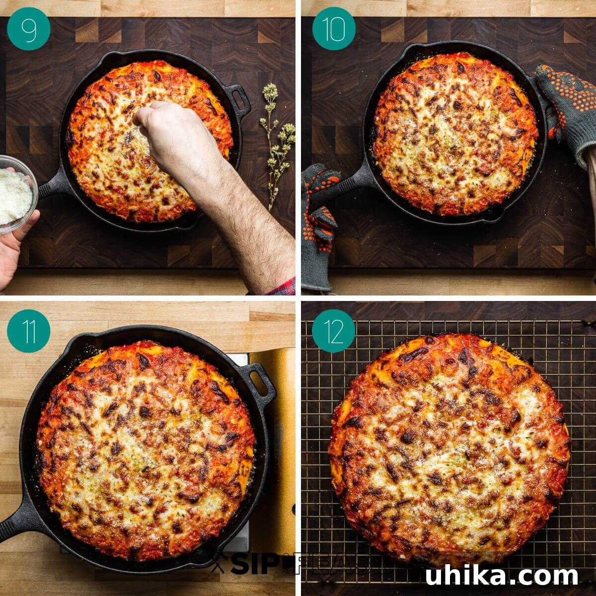 Skillet Pizza Perfection 7 Third collage of cast iron pan pizza process shots: adding Pecorino and oregano, checking the bottom crust, and the finished pizza.