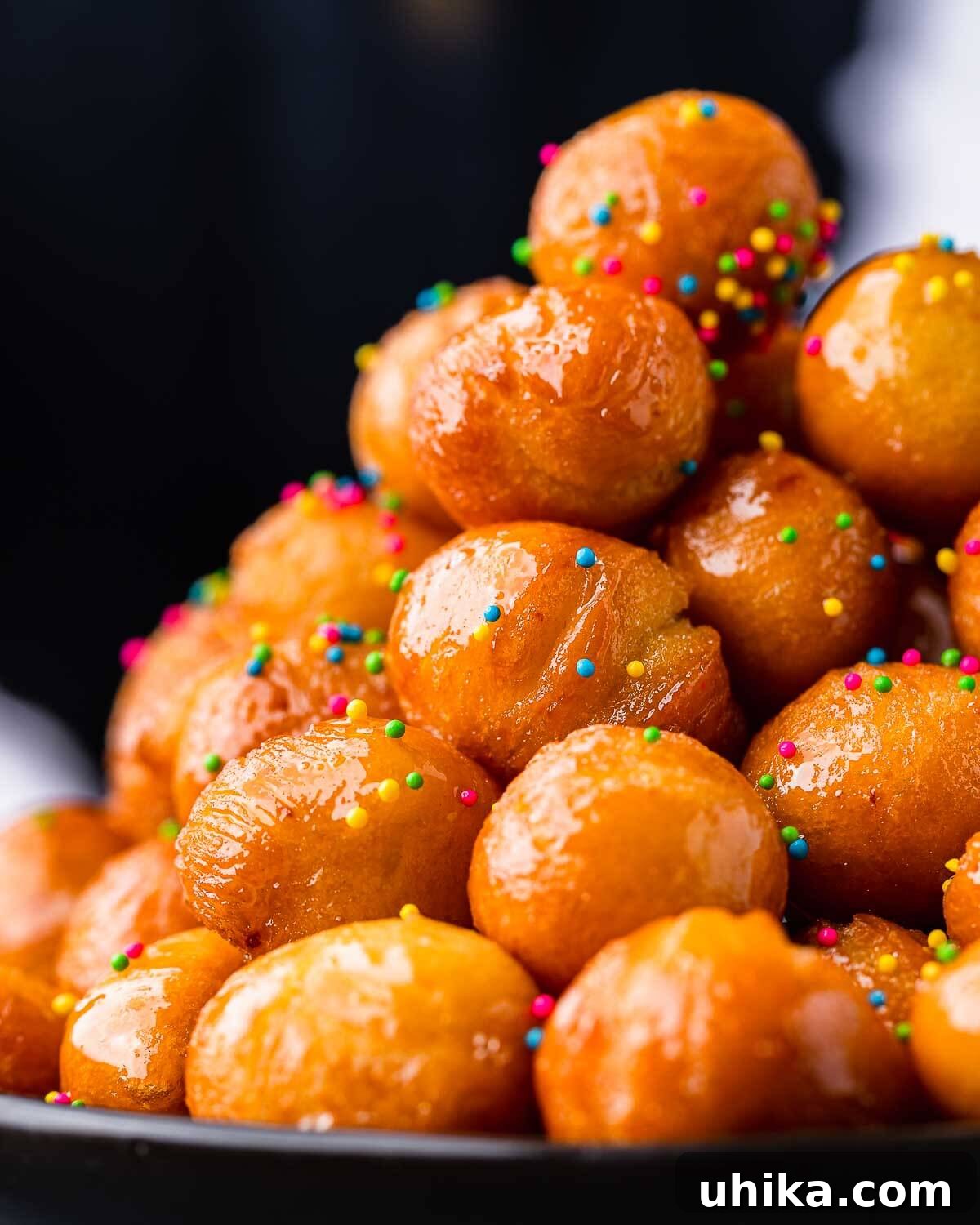 Neapolitan Christmas Honey Bites 10 Closeup shot of pyramid of struffoli with sprinkles.