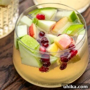 White wine sangria feature image of small glass with apples, pear, and pomegranate seeds.