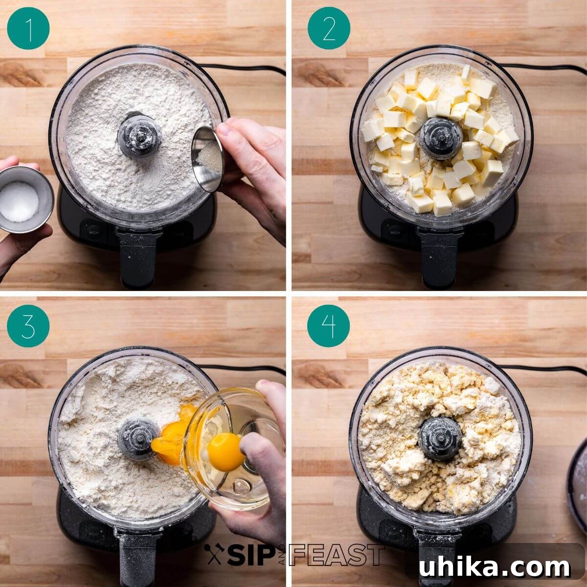 Classic Italian Easter Pie 4 Collage showing the initial stages of torta Pasqualina dough preparation, including flour and butter being pulsed in a food processor, creating a crumbly mixture.