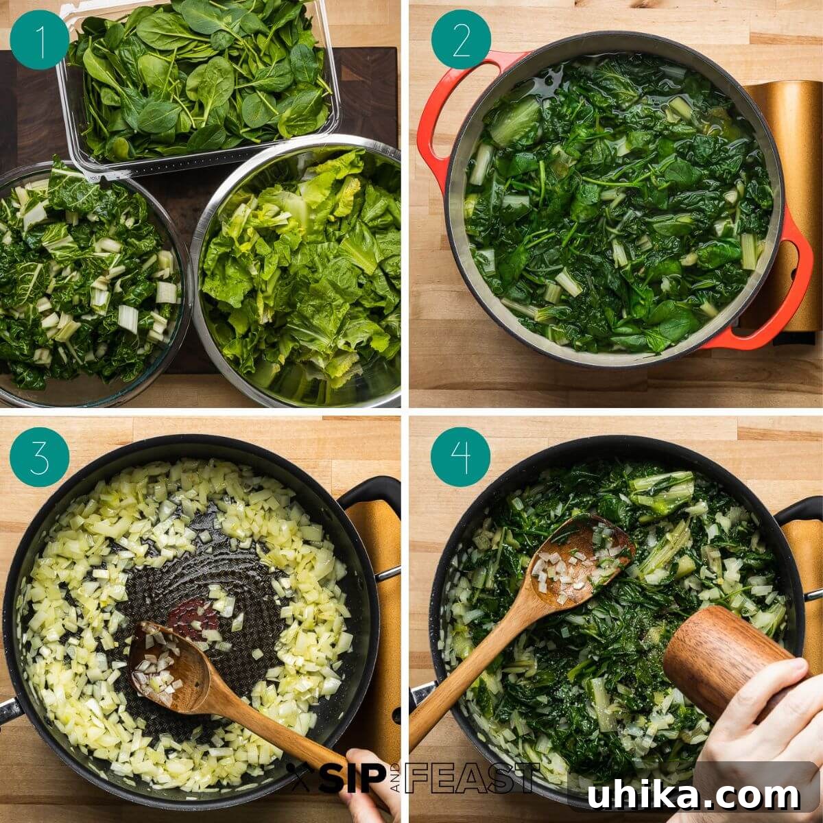 Classic Italian Easter Pie 6 Collage demonstrating the initial steps of preparing the torta Pasqualina filling, including blanching greens and sautéing onions.