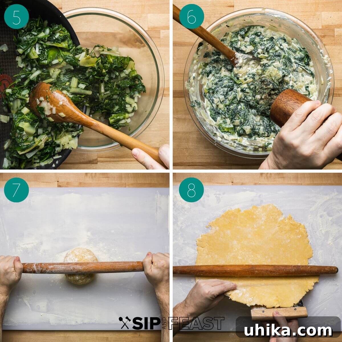 Classic Italian Easter Pie 7 Collage showing the preparation of the torta Pasqualina filling, including mixing greens with ricotta, Parmesan, and eggs.